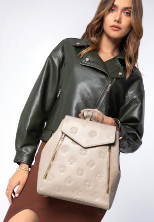 Damen-Rucksack aus Leder mit Monogramm und vertikalem Reißverschluss, beige, 96-4E-003-9, Bild 1