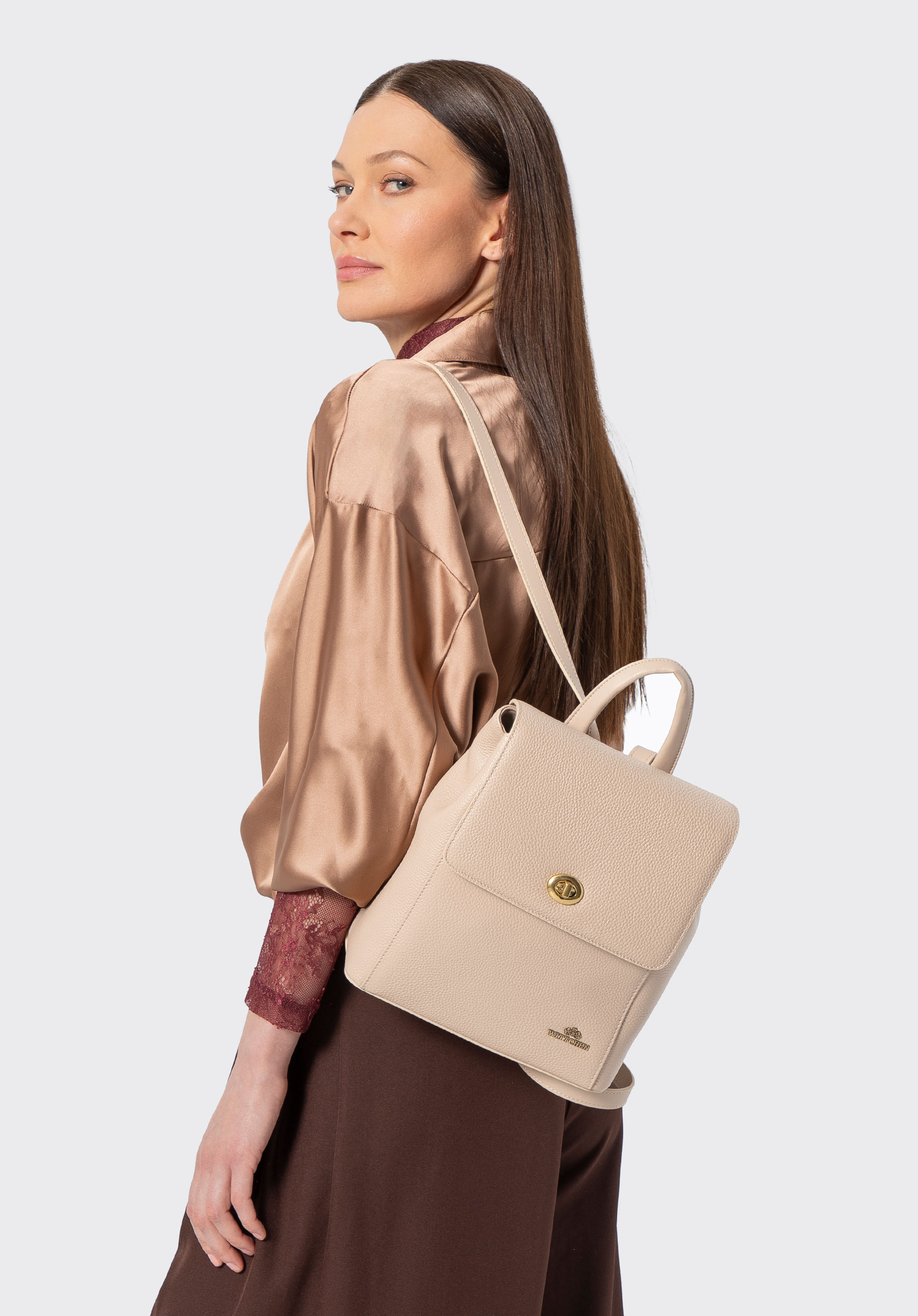 Damen-Rucksack aus Leder mit rechteckiger Klappe, beige, 100-4E-225-9, Bild 1