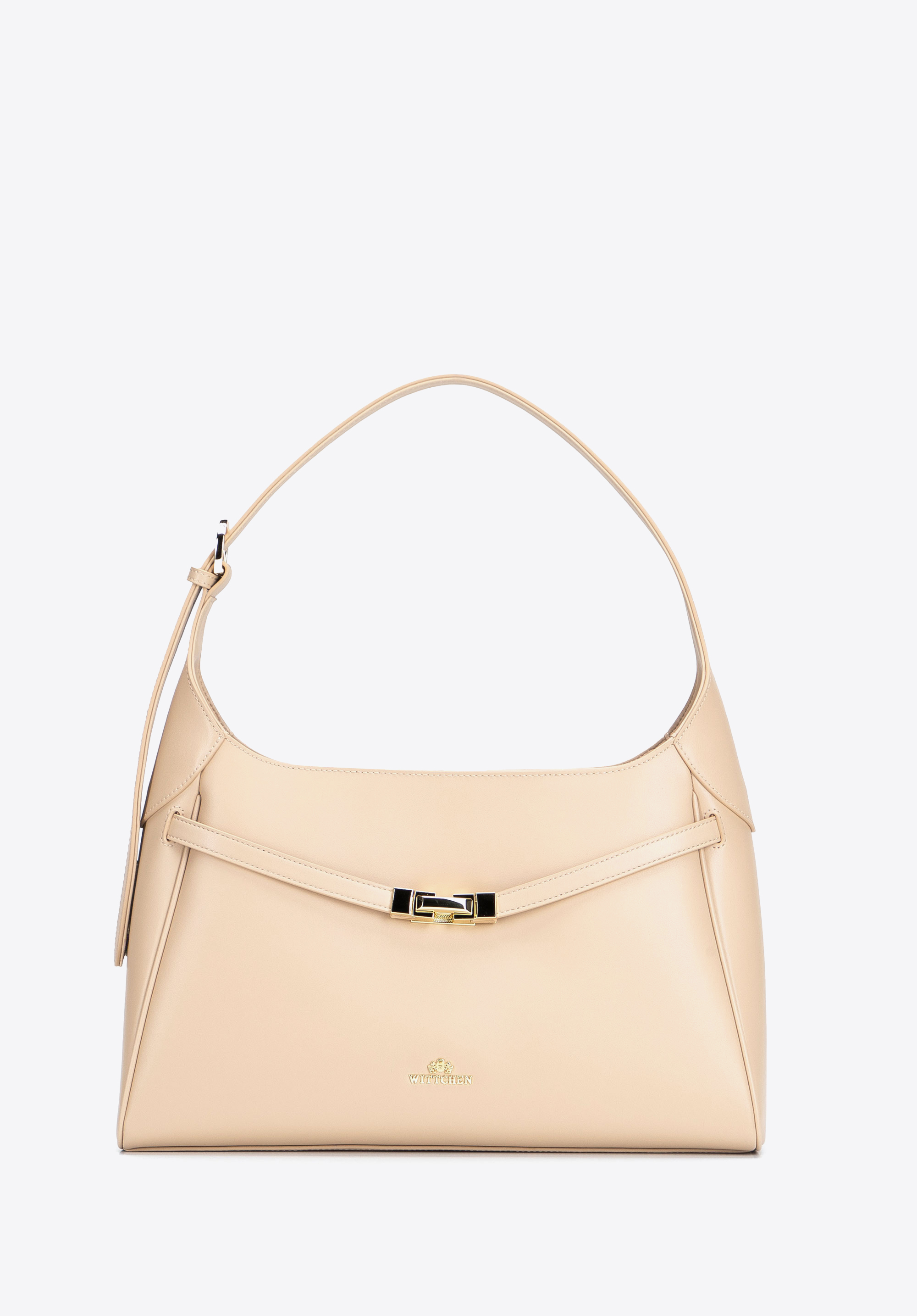 Damen-Schultertasche aus Leder mit dekorativem Riemen, beige, 103-4E-201-9, Bild 1