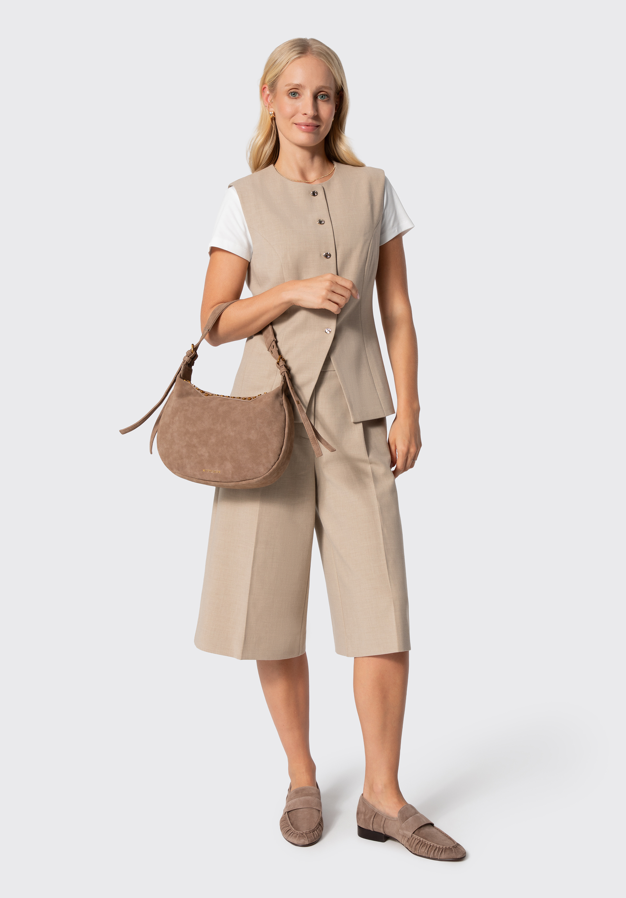 Damen-Schultertasche mit Nieten, beige, 103-4Y-515-9, Bild 1