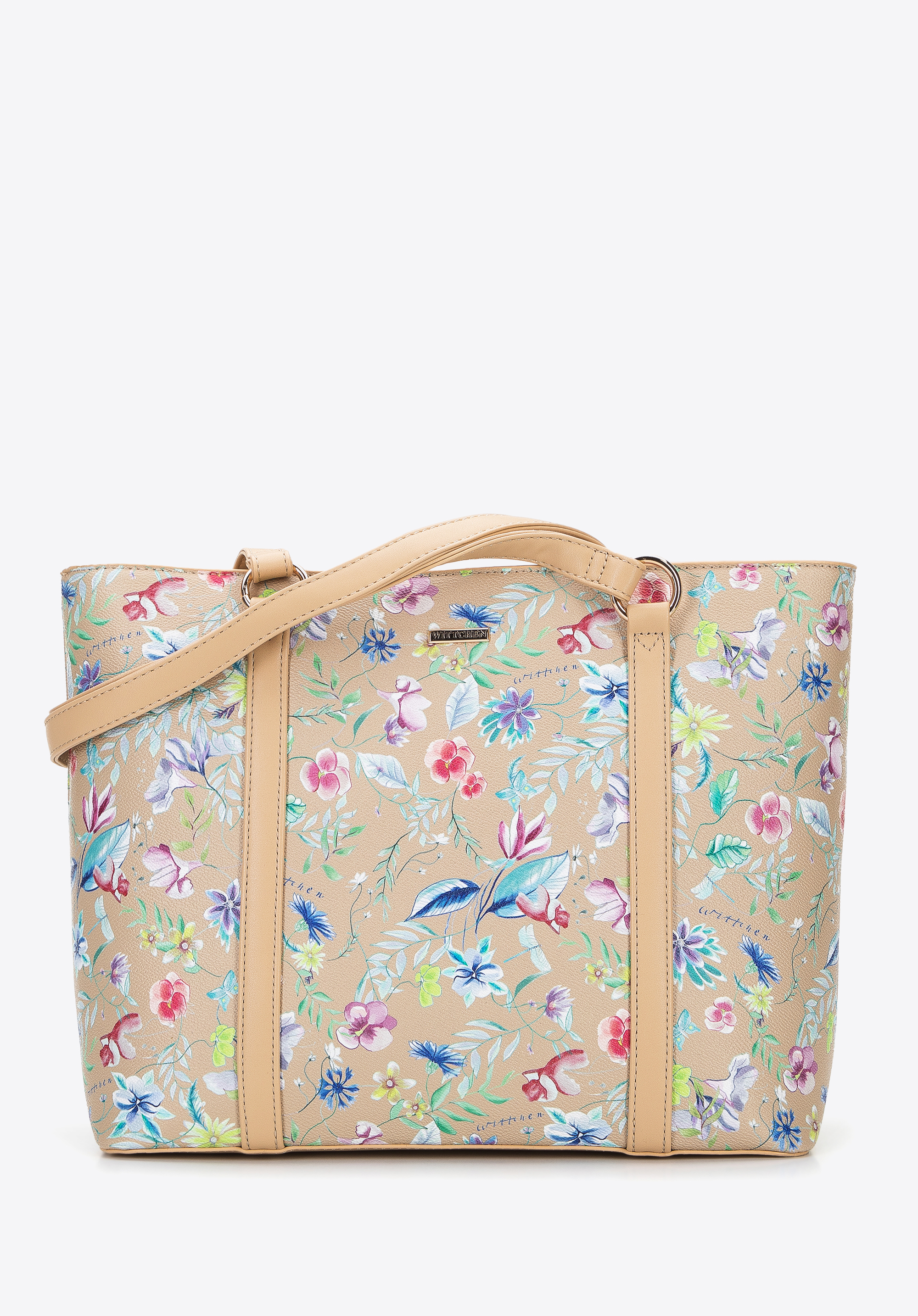 Shopper-Tasche aus Ökoleder mit Blumenmuster und vertikalen Streifen, beige, 96-4Y-201-9, Bild 1
