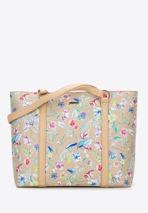 Shopper-Tasche aus Ökoleder mit Blumenmuster und vertikalen Streifen, beige, 96-4Y-201-0, Bild 1