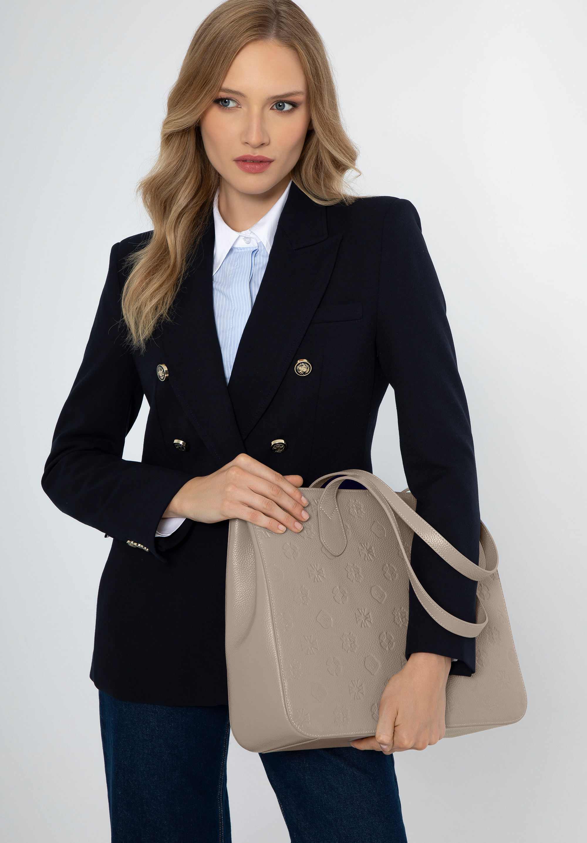 Damen-Shopper aus Leder mit Monogramm, beige, 99-4E-613-99, Bild 1