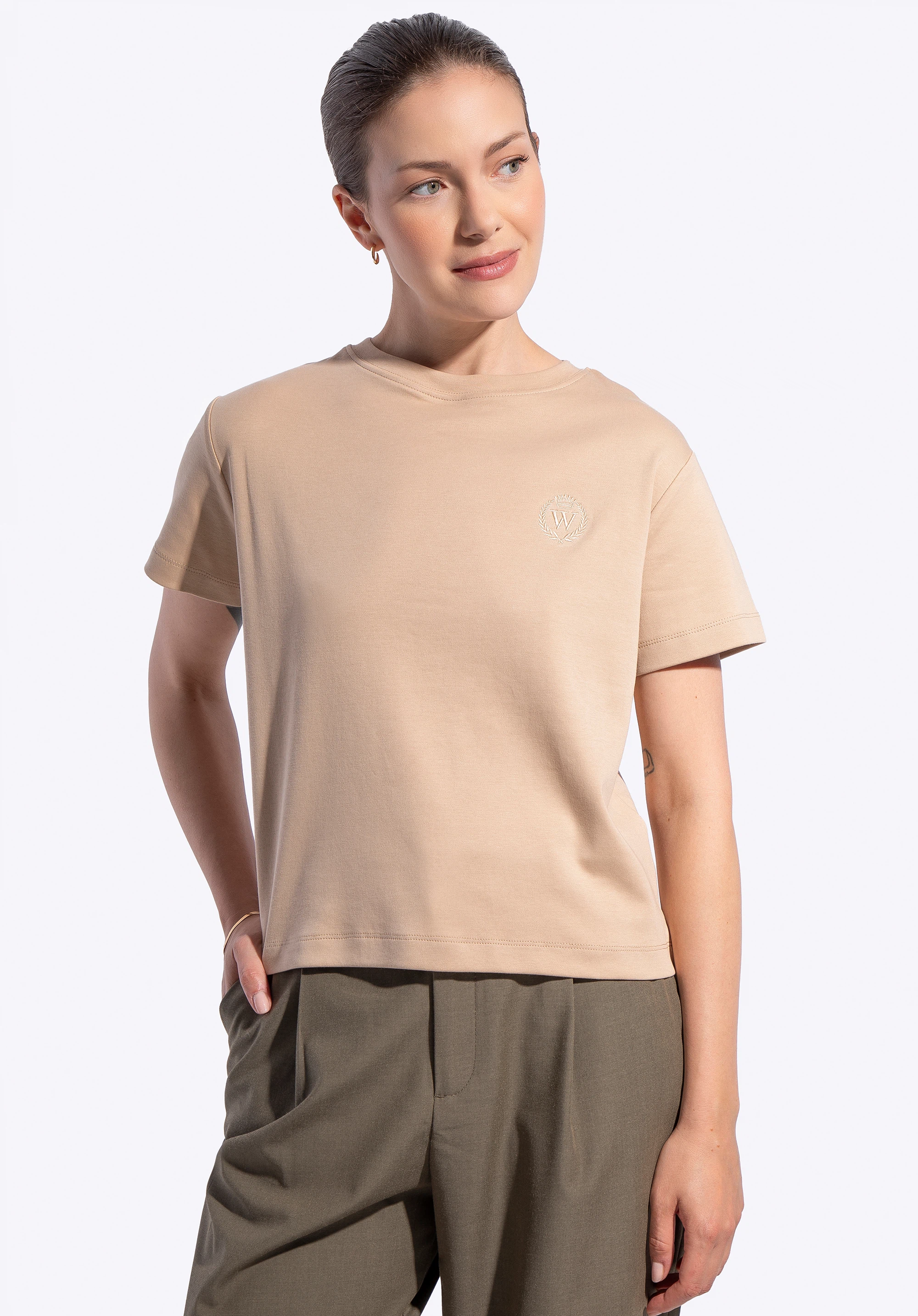 Damen-T-Shirt aus Baumwolle, beige, D0-99-100-9-S, Bild 1