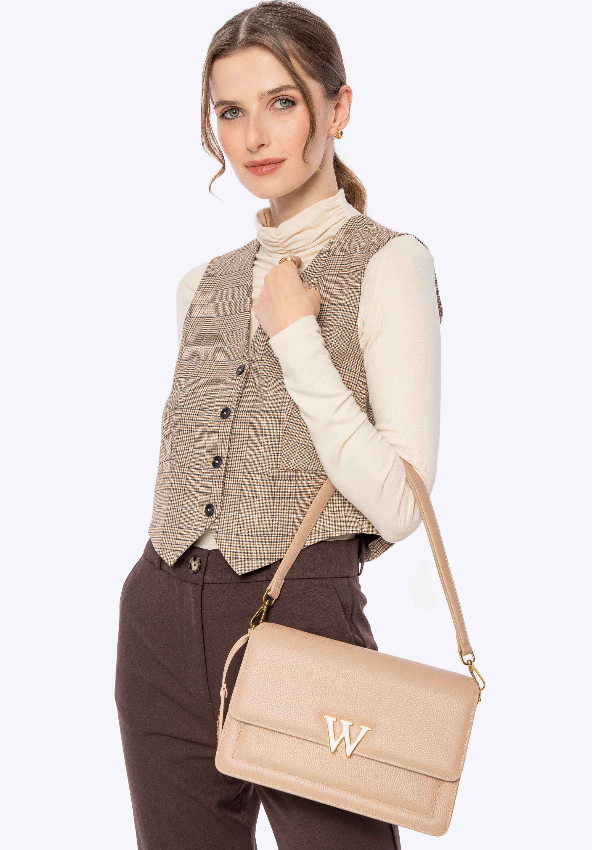 Damen-Umhängetasche aus Leder, beige, 100-4E-200-9, Bild 1