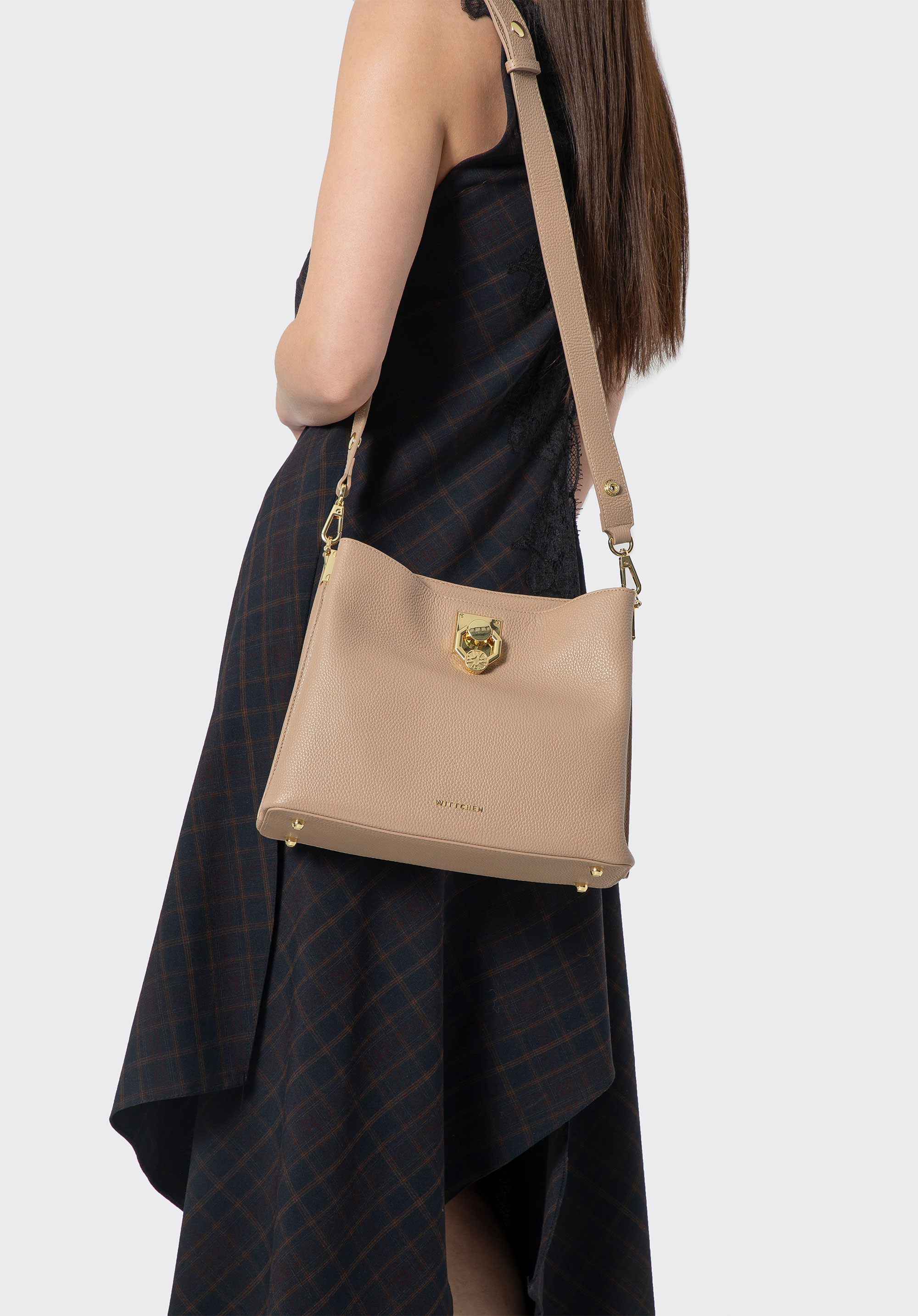 Damen Umhängetasche aus Leder, beige, 100-4E-605-9, Bild 1