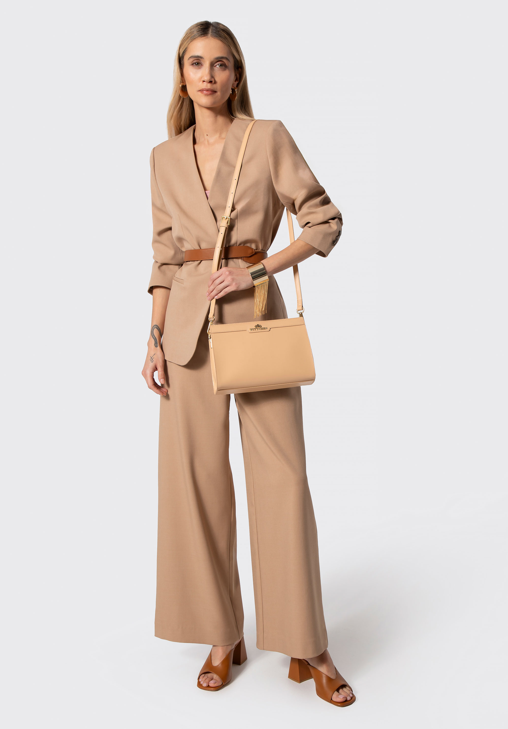 Damen-Umhängetasche aus Leder, beige, 102-4E-615-9, Bild 1