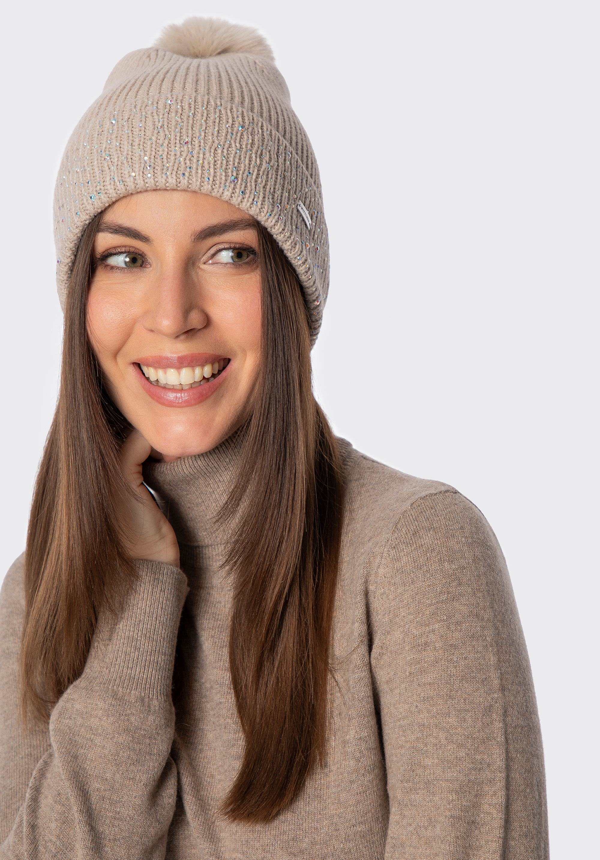 Damen Wintermütze mit Strassperlen, beige, 101-HF-204-9, Bild 1