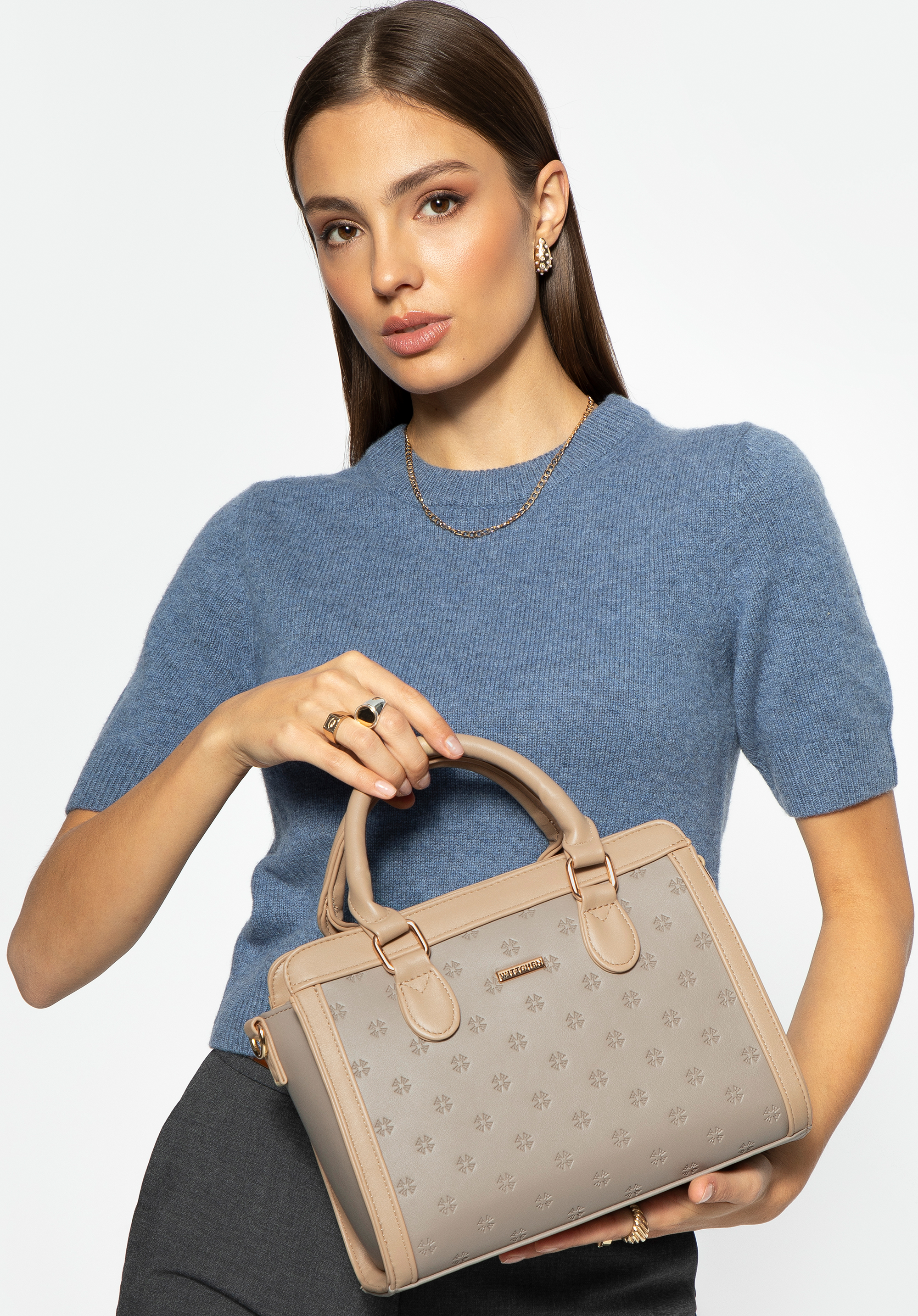 Damenhandtasche aus geprägtem Öko-Leder, beige, 99-4Y-229-9, Bild 1