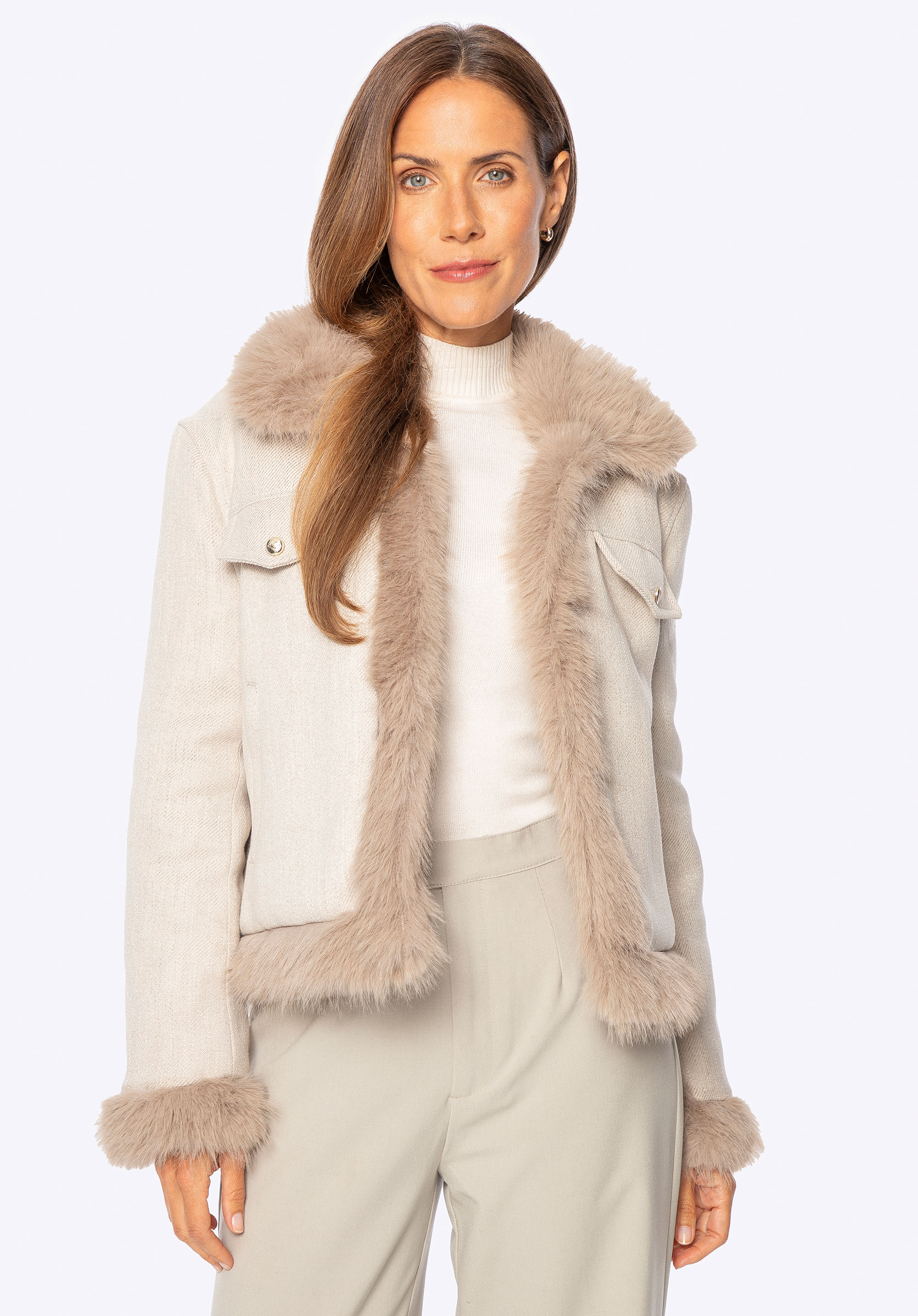Damenjacke mit Leinenmischung und Kunstfellbesatz, beige, 101-9X-305-9-M, Bild 1