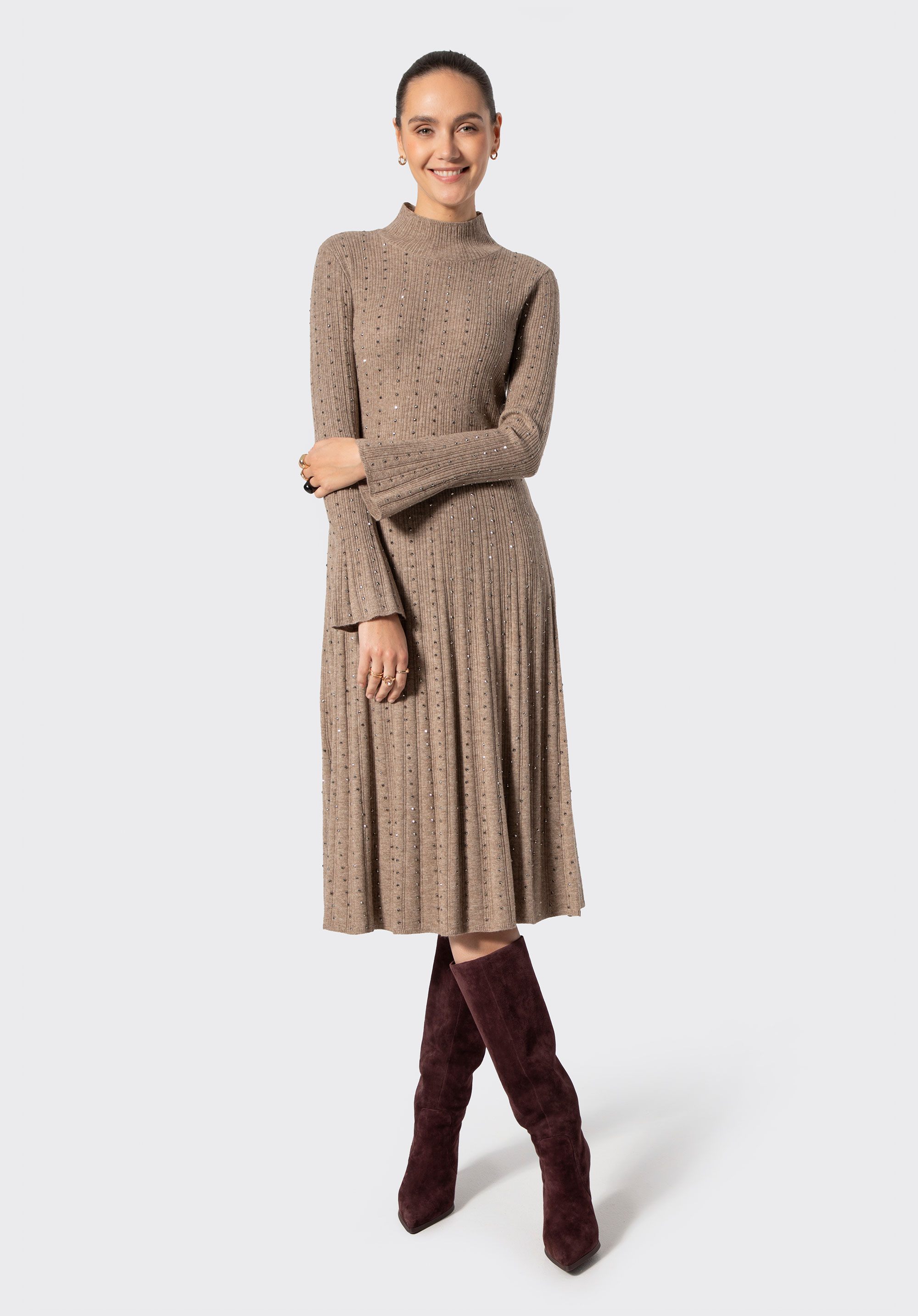 Damenkleid aus Wollmischgewebe mit Nieten, beige, 103-99-600-9-S, Bild 1