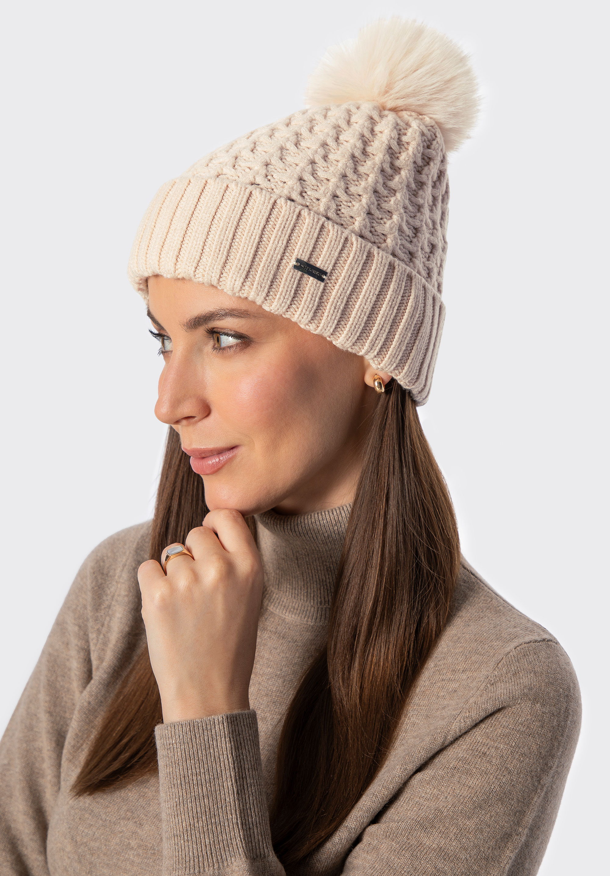 Damenmütze mit grobem Muster, beige, 101-HF-105-9, Bild 1