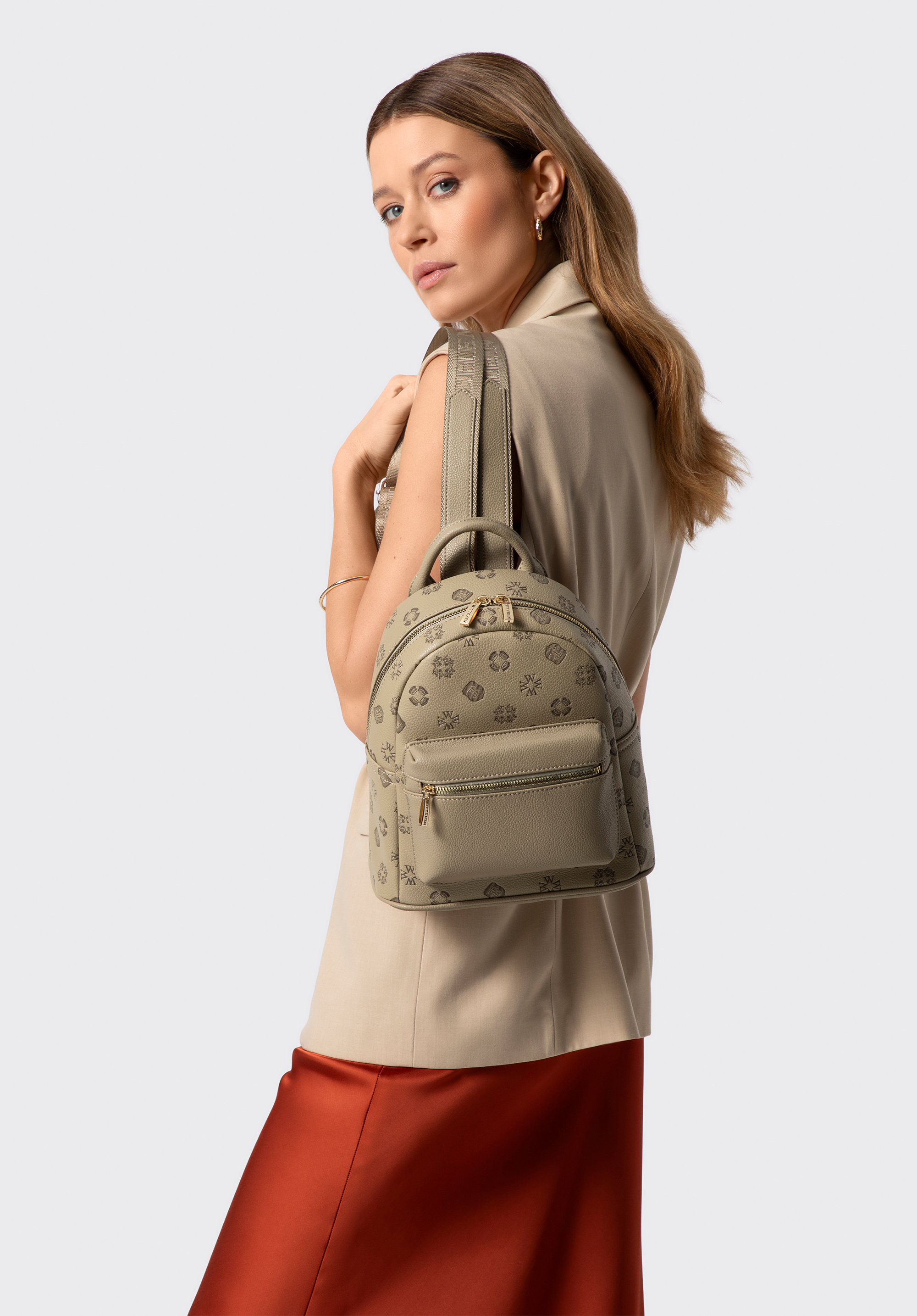 Damenrucksack aus Kunstleder mit Prägung, beige, 101-4Y-P09-9, Bild 1