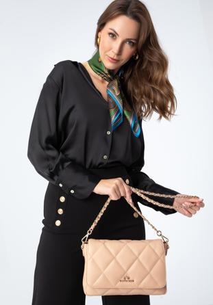 Damentasche aus gestepptem Leder mit Kettenklappe, beige, 97-4E-031-9, Bild 1