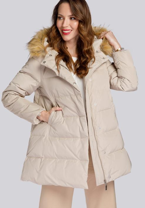 Daunenjacke für Damen mit Kapuze und Ausschnitt, beige, 93-9D-402-Z-3XL, Bild 1