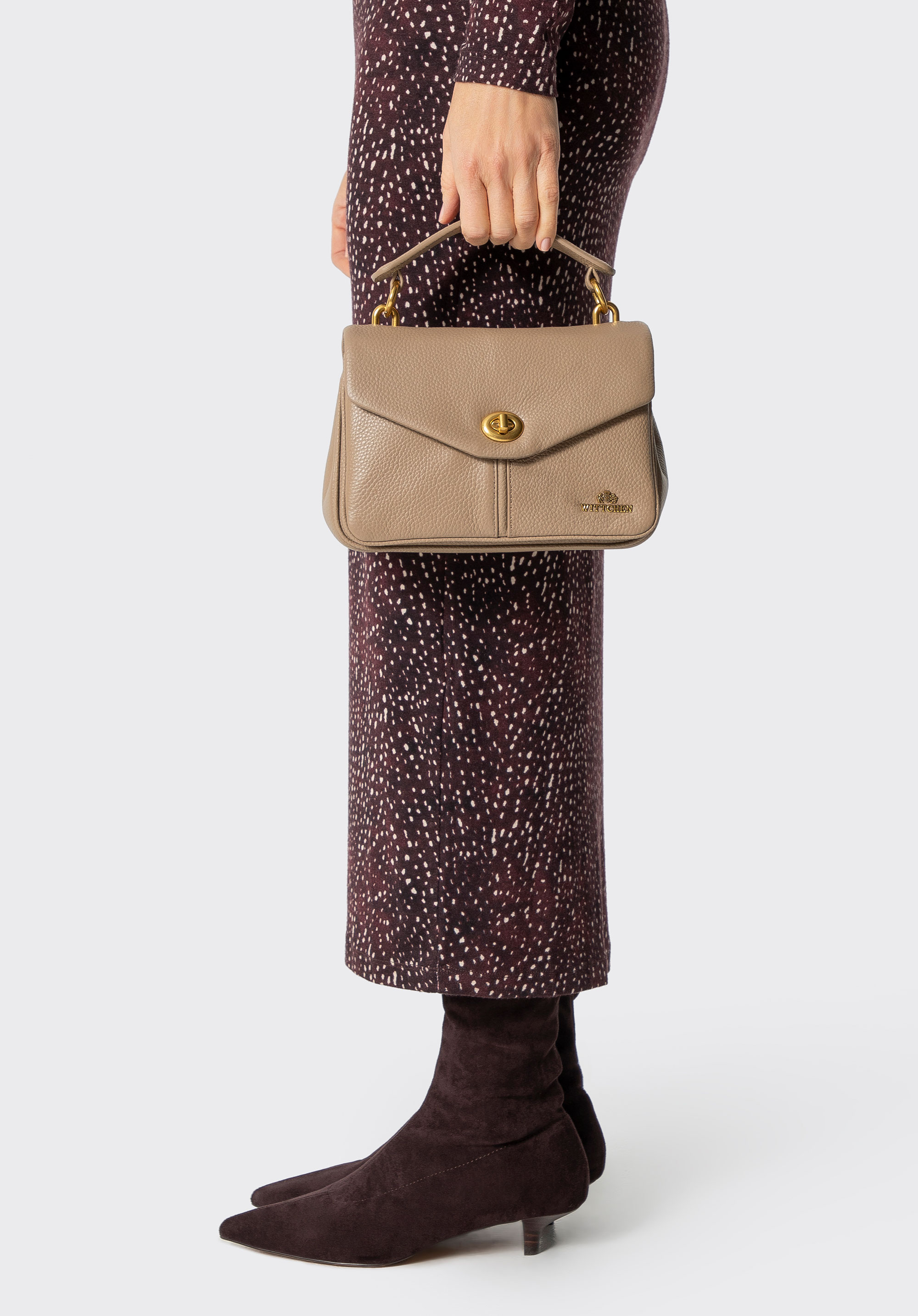 Dreifach unterteilte Umhängetasche aus Leder für Damen, beige, 101-4E-210-9, Bild 1