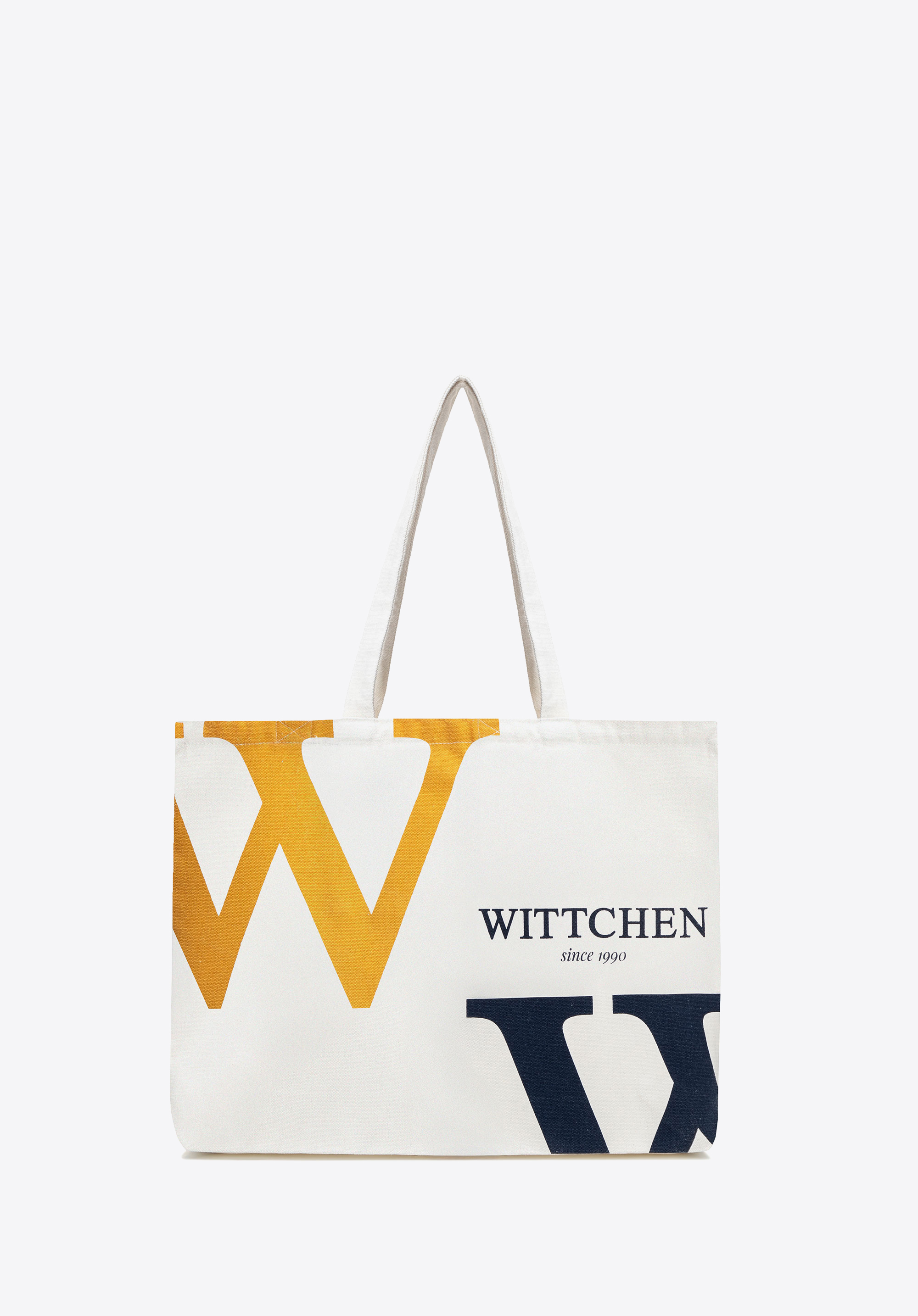 Große Canvas-Handtasche mit auffälligem Logo, beige - dunkelblau, 29-4-902-4X, Bild 1