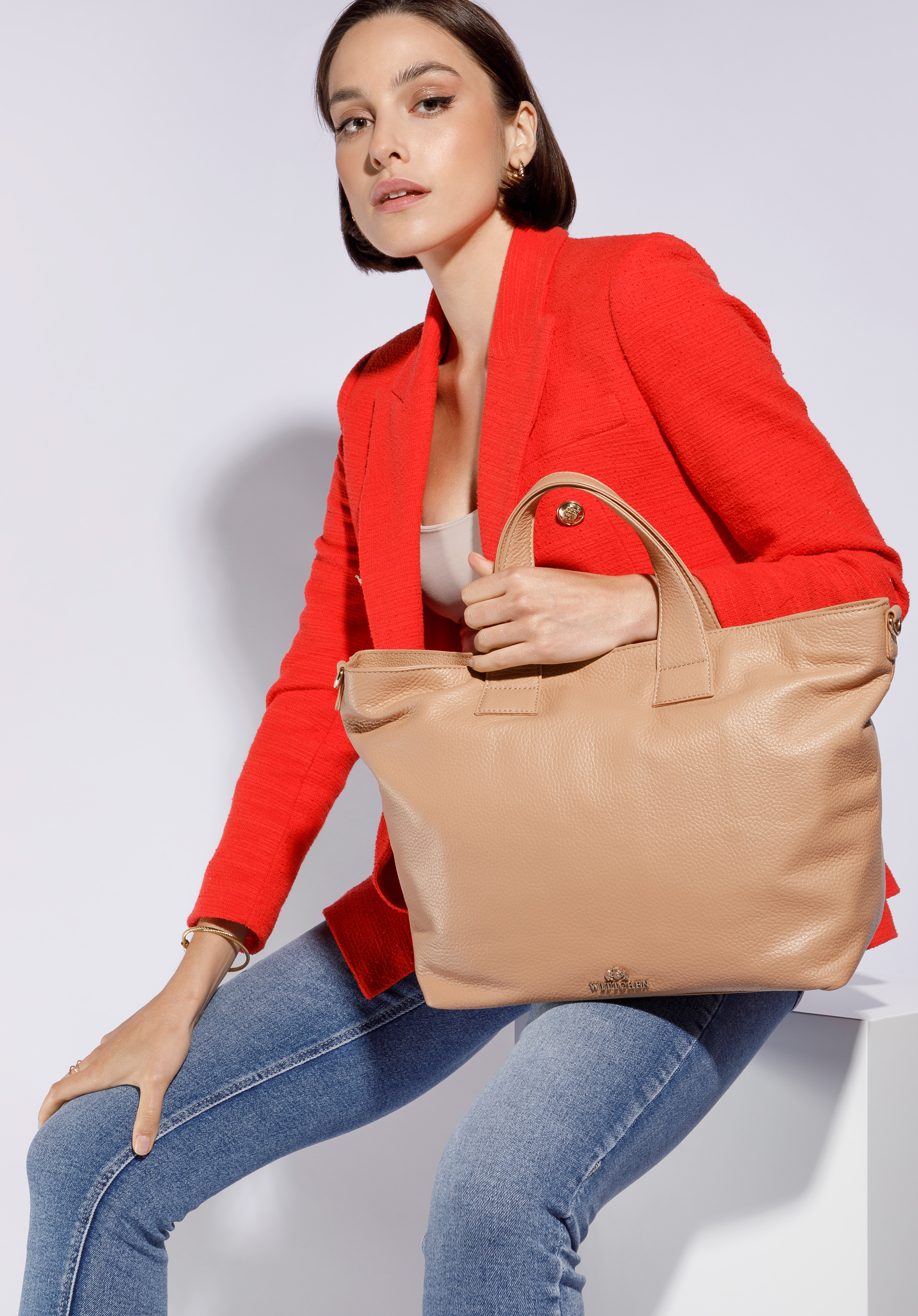 Einkaufstasche aus Leder, beige, 95-4E-021-9, Bild 1