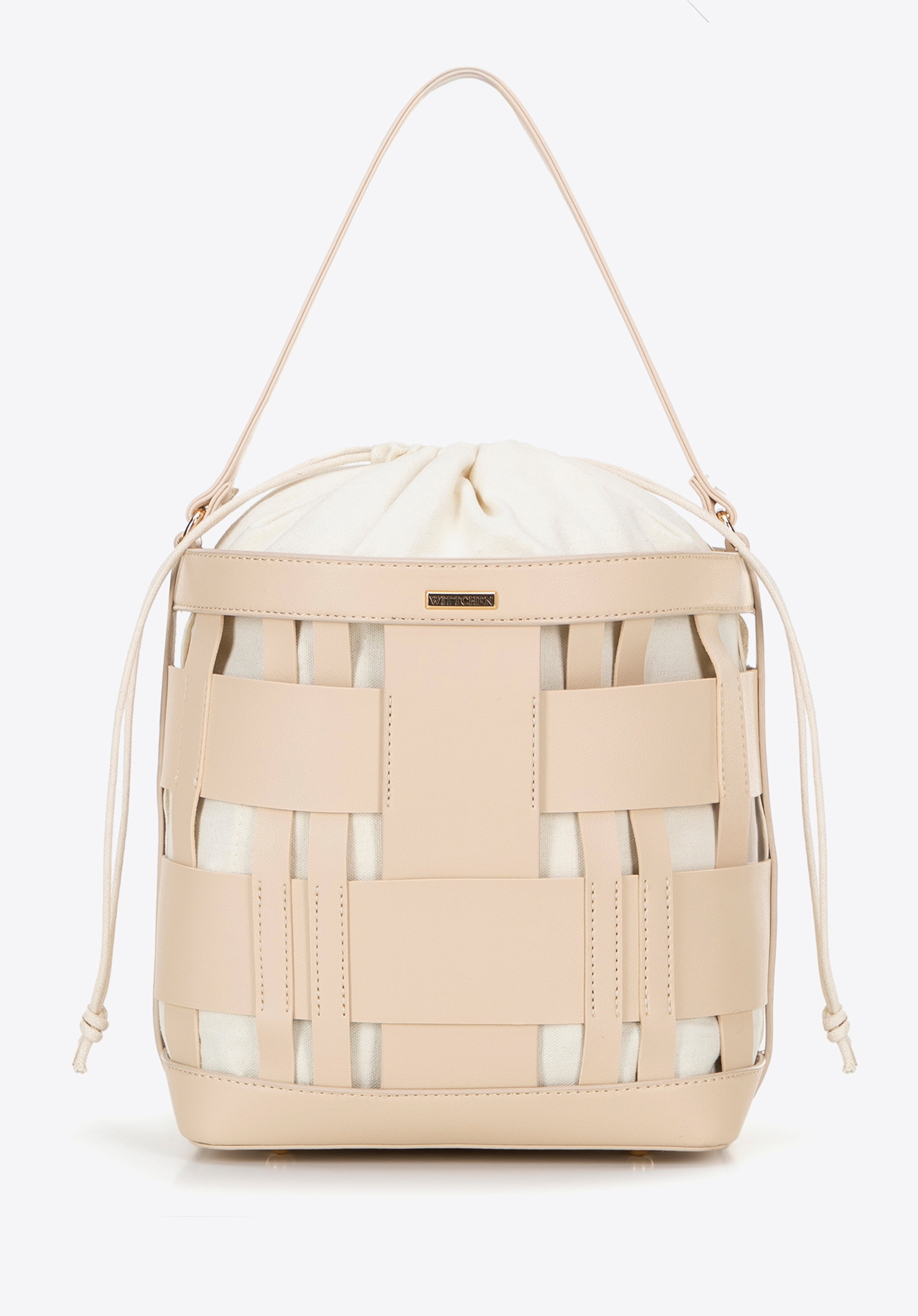 Gewebte Beuteltasche aus Kunstleder, beige, 100-4Y-423-9, Bild 1