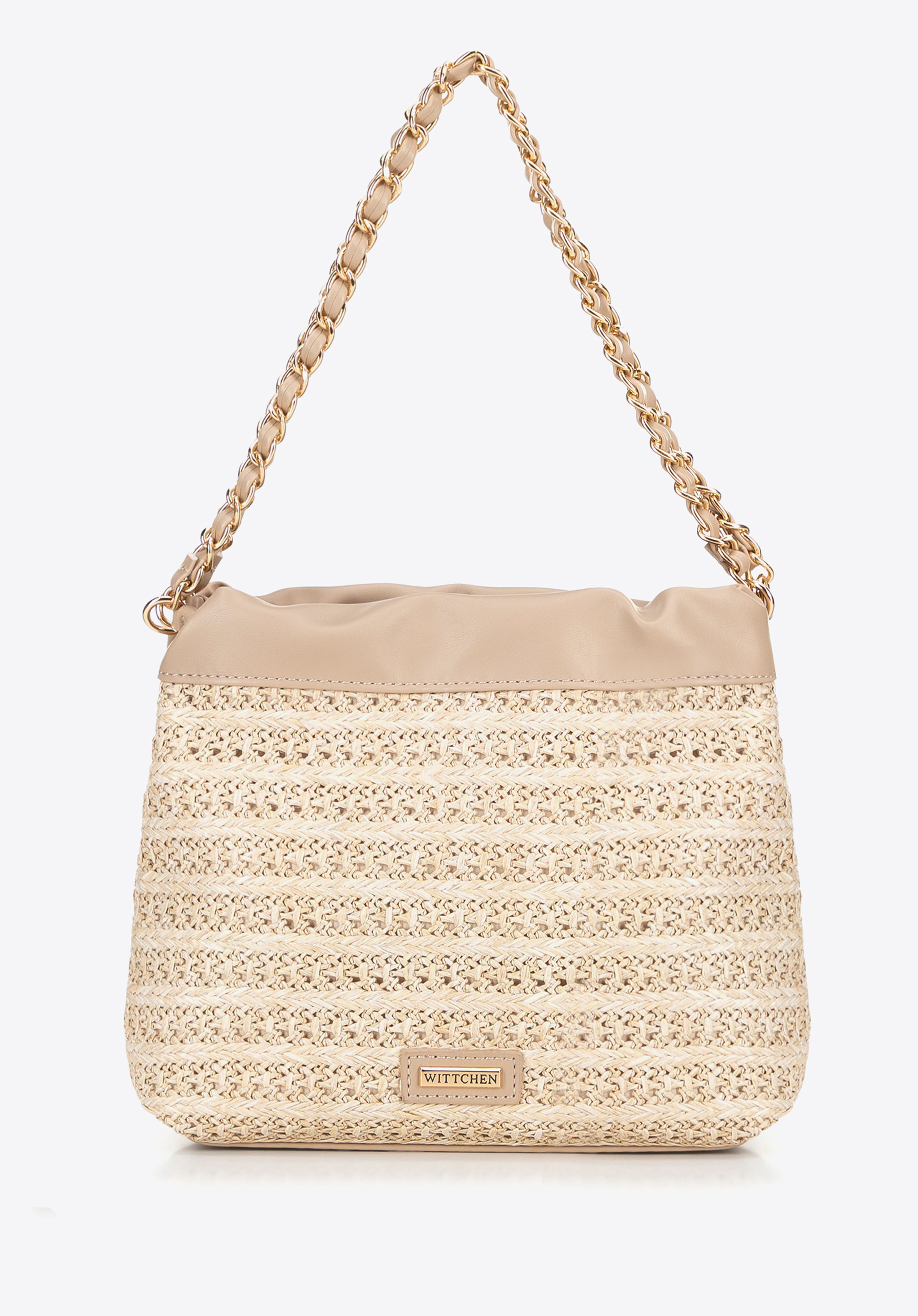Geflochtene Crossbody-Tasche mit Ketten, beige, 100-4Y-427-9, Bild 1