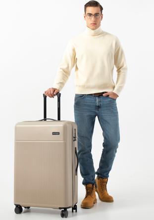 Großer Koffer aus ABS-Material mit vertikalen Riemen, beige, 56-3A-803-88, Bild 1