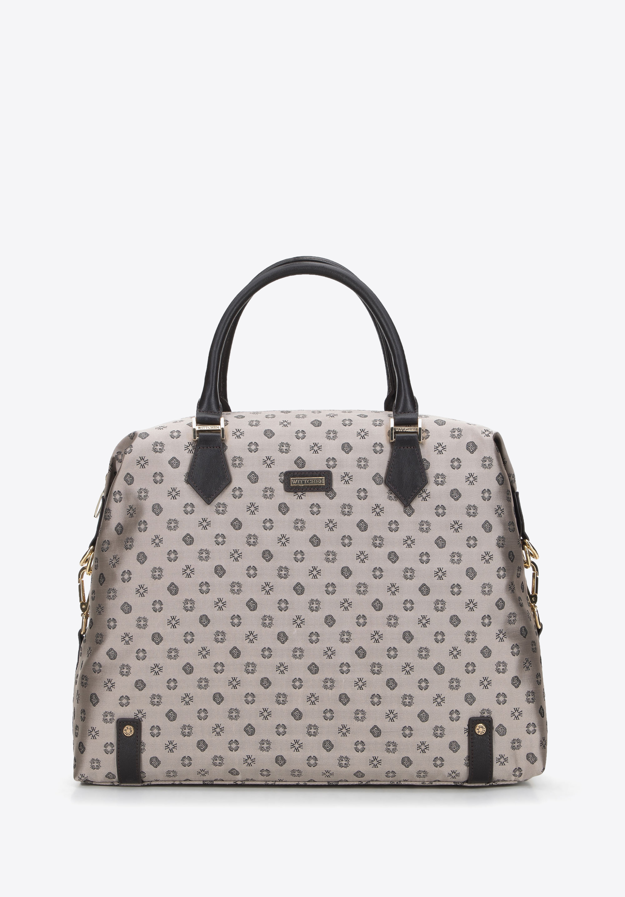 Handtasche aus Jacquard und Echtleder mit seitlichen Verschlüssen, beige, 95-4-907-9, Bild 1