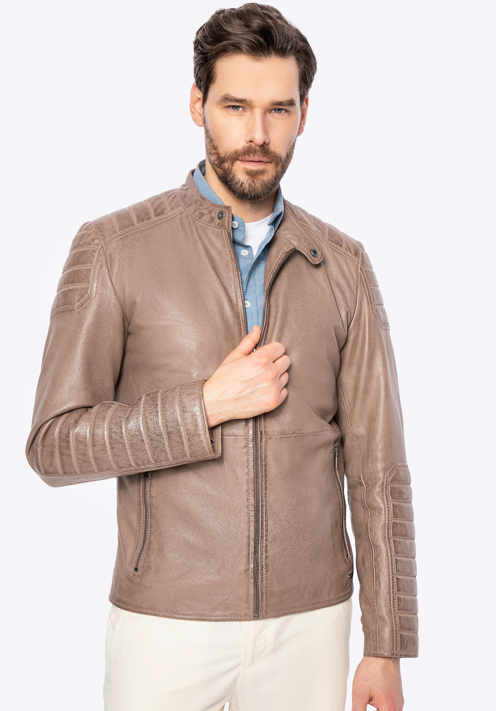Herren Lederjacke mit gesteppten Einsätzen, beige, 100-09-410-9-S, Bild 1