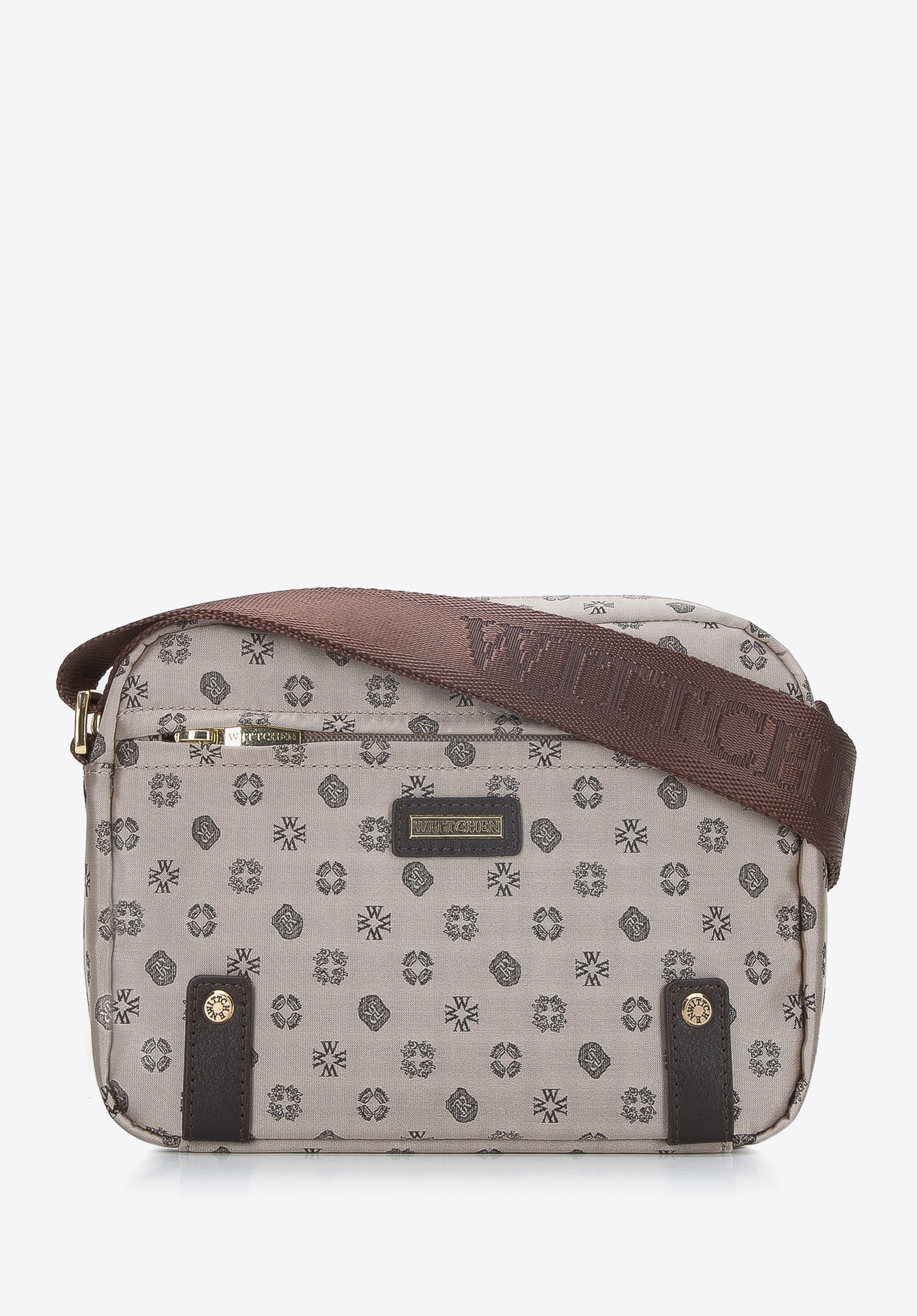 Jacquard-Damenhandtasche mit horizontalen Lederbändern, beige, 95-4-902-9, Bild 1