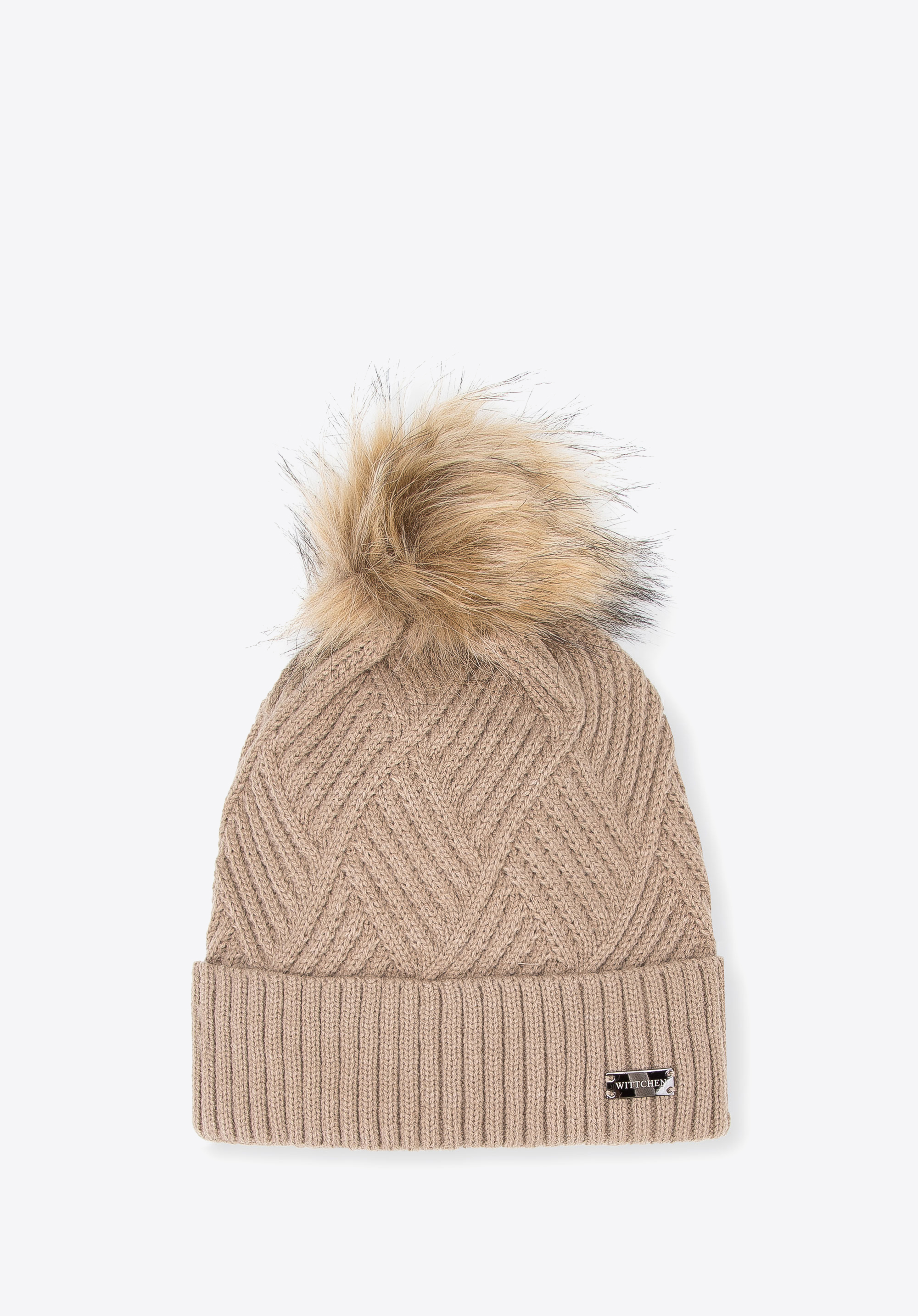 Karierte Damenmütze mit Bommel, beige, 95-HF-002-4, Bild 1