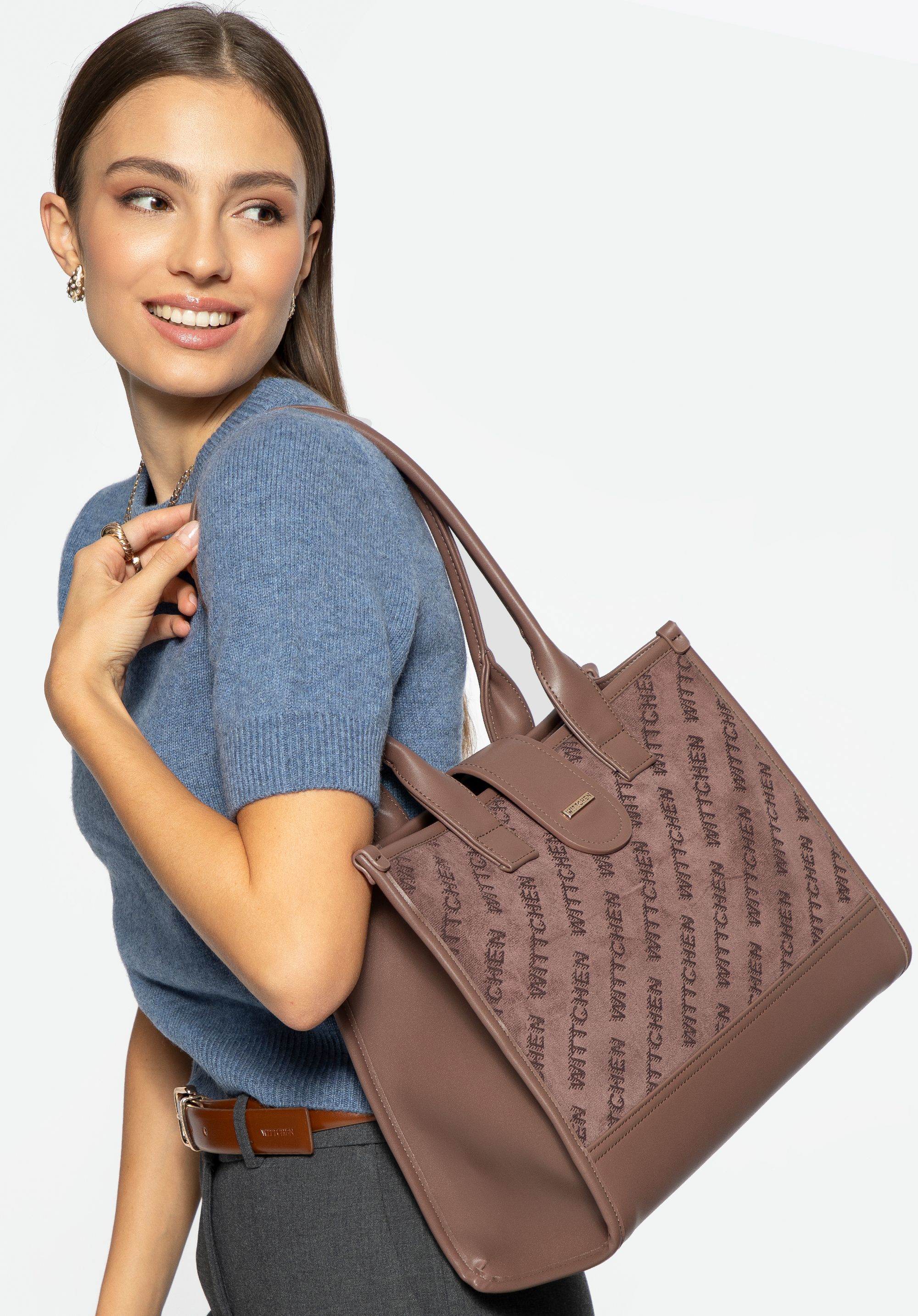 Klassische Umhängetasche mit Stoffeinsatz, beige, 99-4Y-520-9, Bild 1