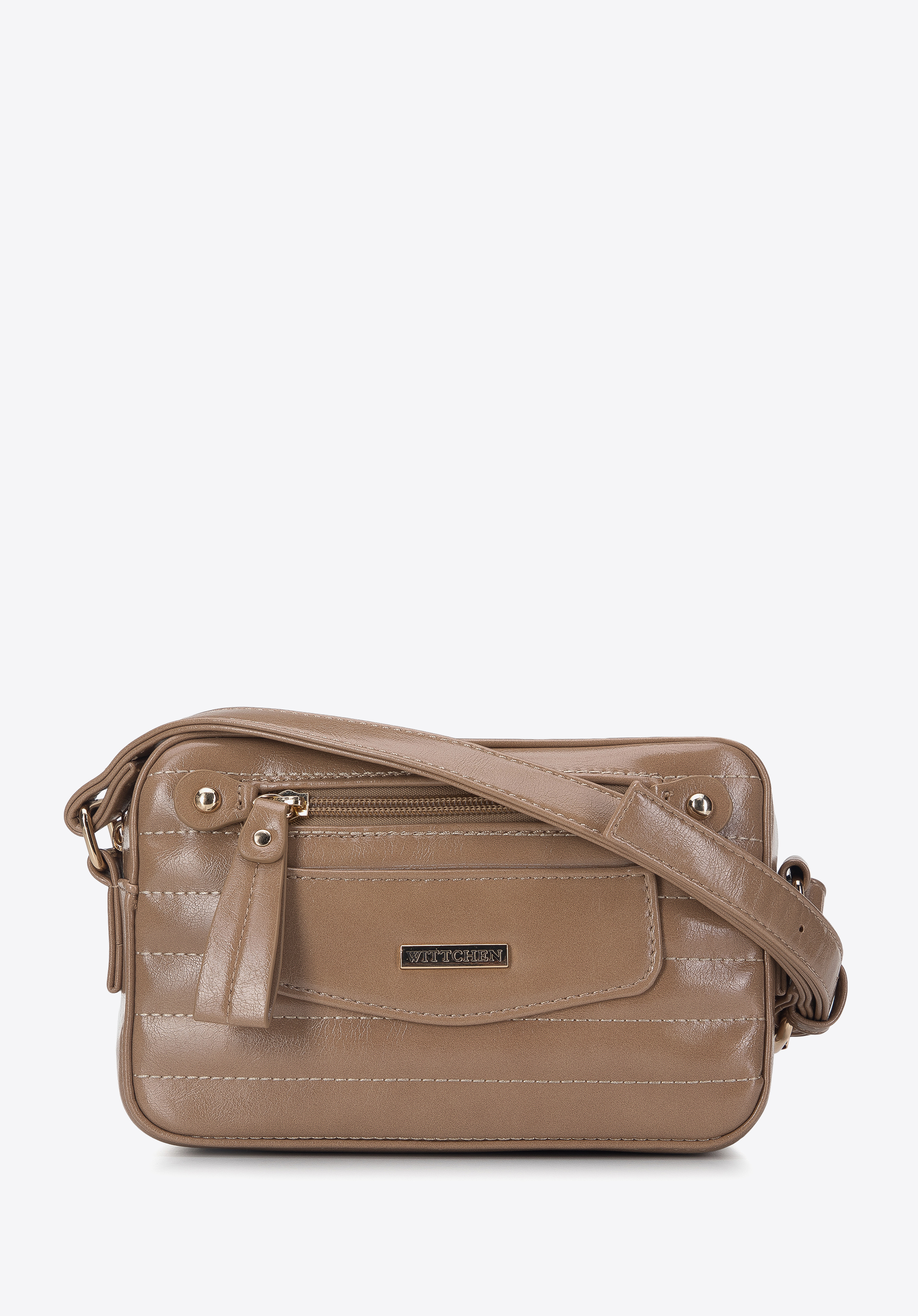 Kleine Umhängetasche für Damen aus glänzendem, gestepptem Kunstleder, beige, 95-4Y-405-9, Bild 1