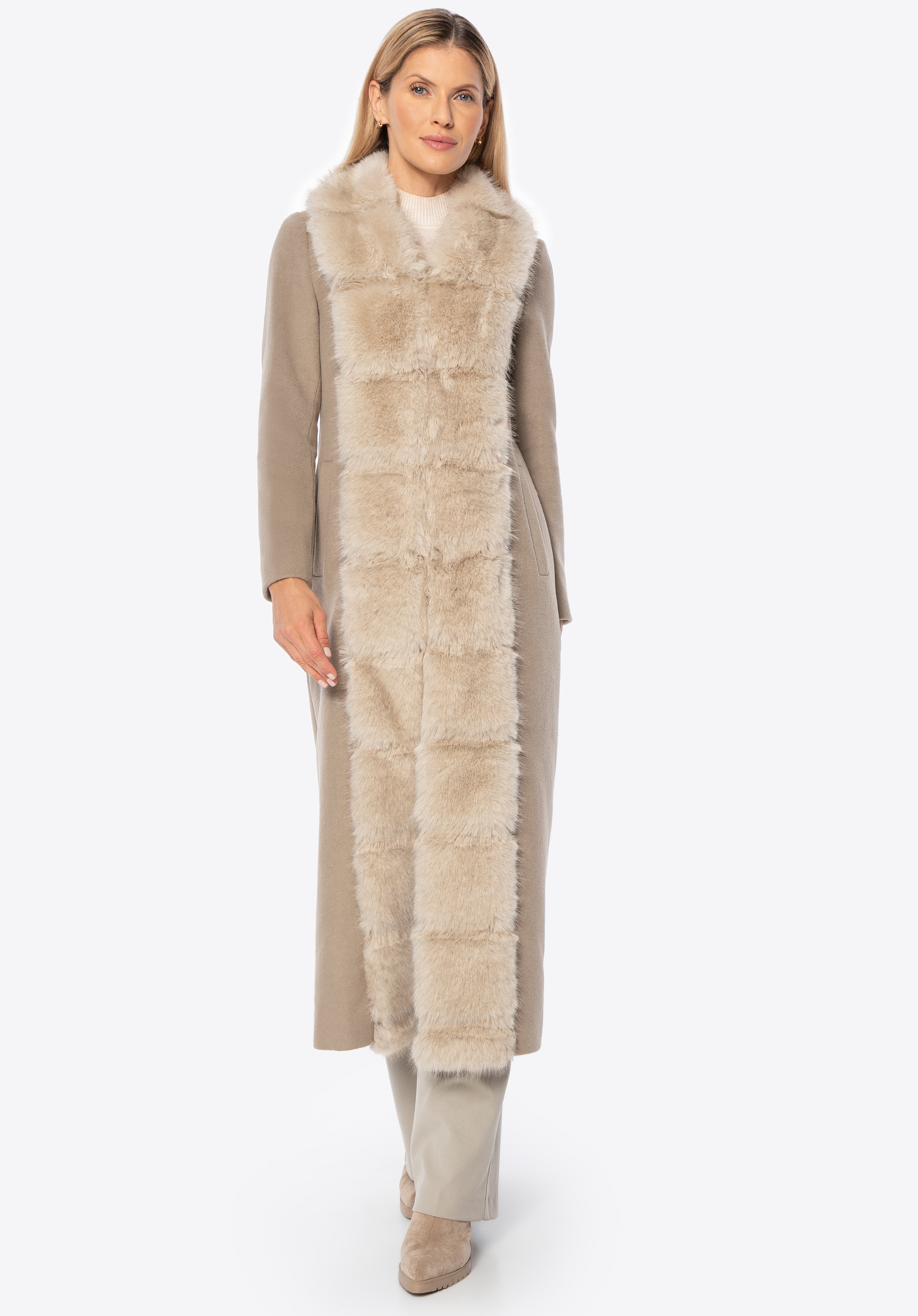 Langer Damenmantel aus Wollmischung mit Kunstfell, beige, 101-9W-502-9-S, Bild 1