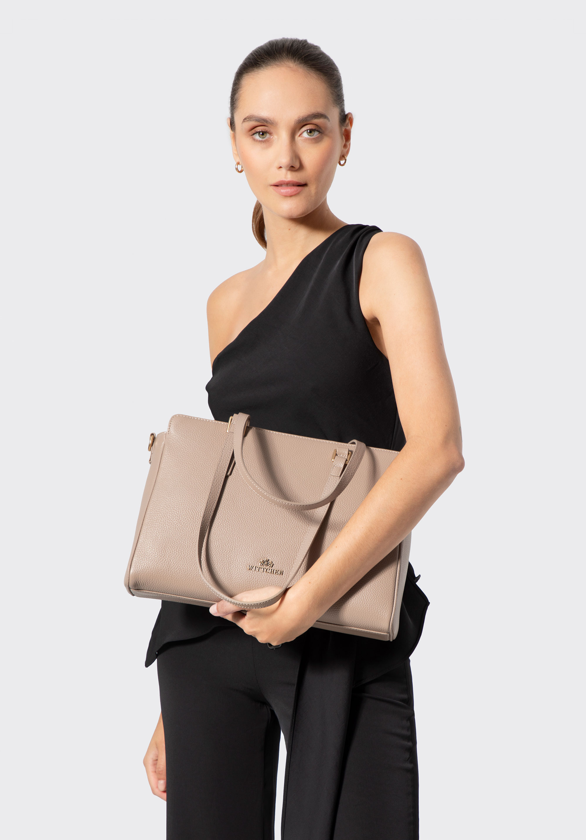 Leder-Einkaufstasche für Damen mit verstellbarem Riemen, beige, 103-4E-607-9, Bild 1