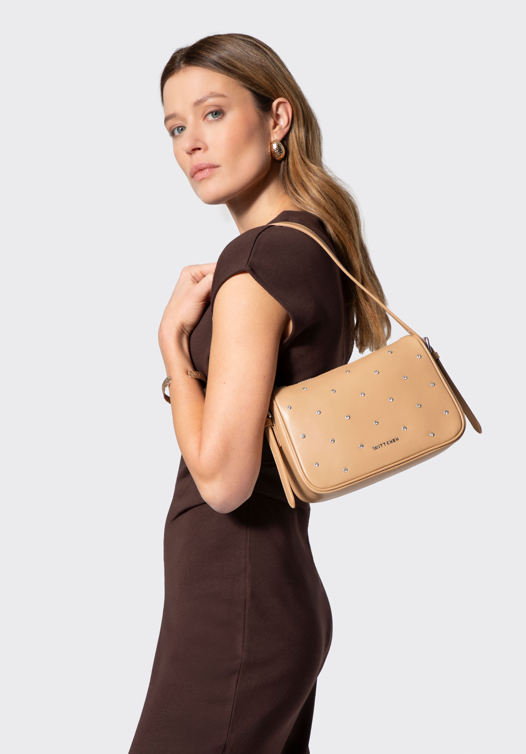 Leder-Umhängetasche mit Zierkristallen, beige, 102-4E-619-9, Bild 1