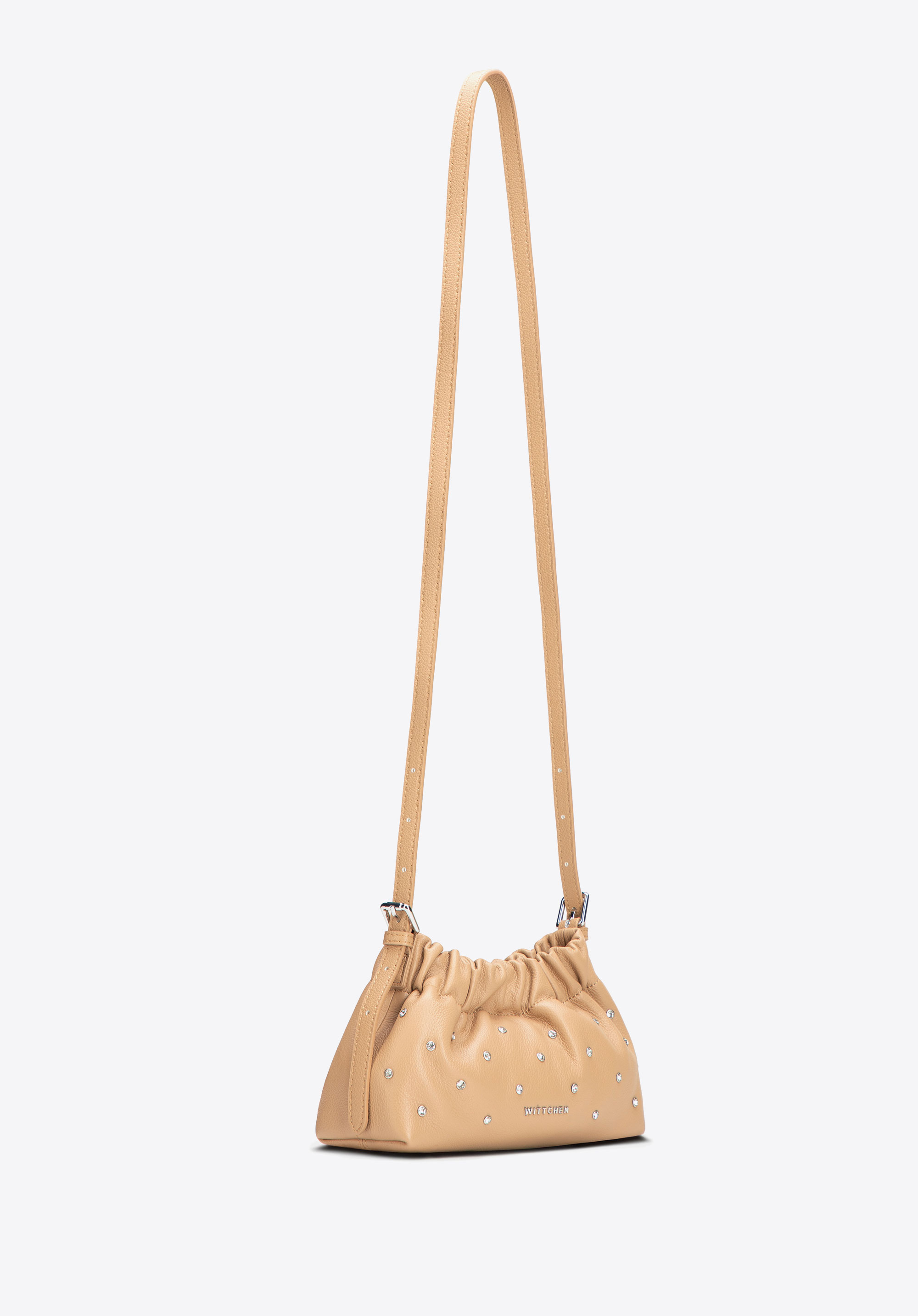 Mini-Hobo-Tasche aus Leder für Damen mit Kristallverzierungen, beige, 102-4E-617-9, Bild 1