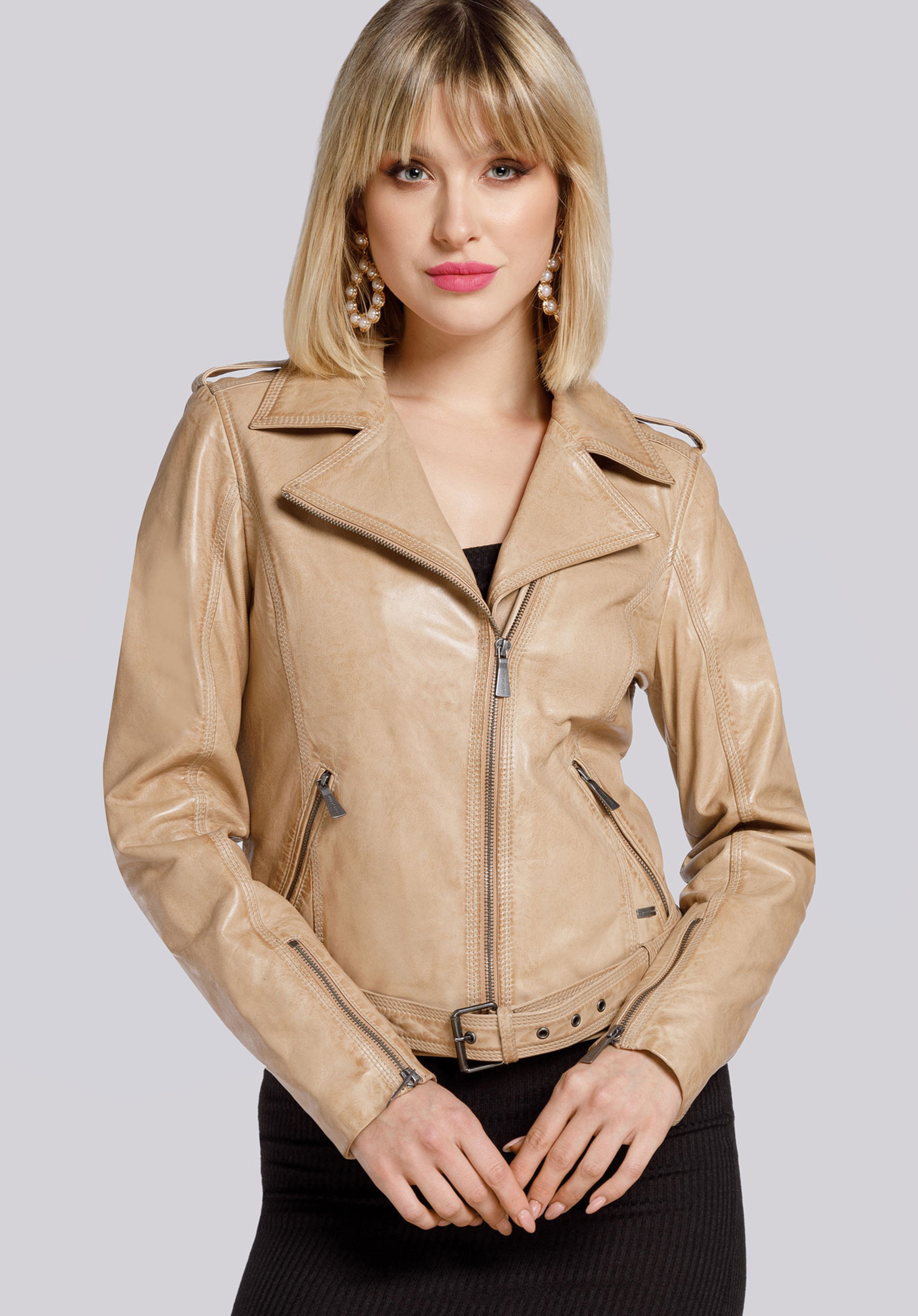 Ramones-Jacke aus Leder mit Schulterklappen und Gürtel, beige, 94-09-800-9-3XL, Bild 1