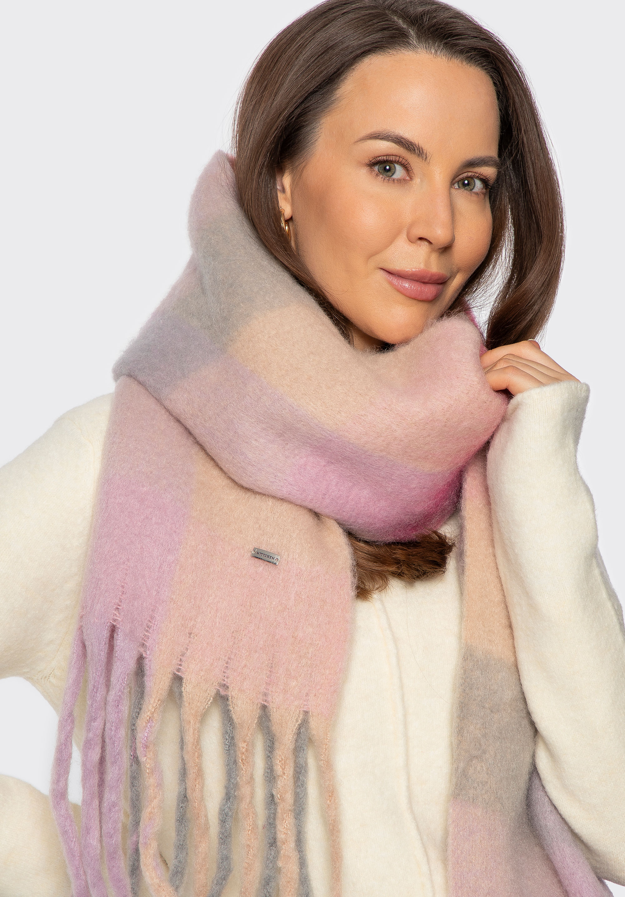 Damenschal im mehrfarbigen Karomuster, beige-rosa, 99-7-120-X4, Bild 1