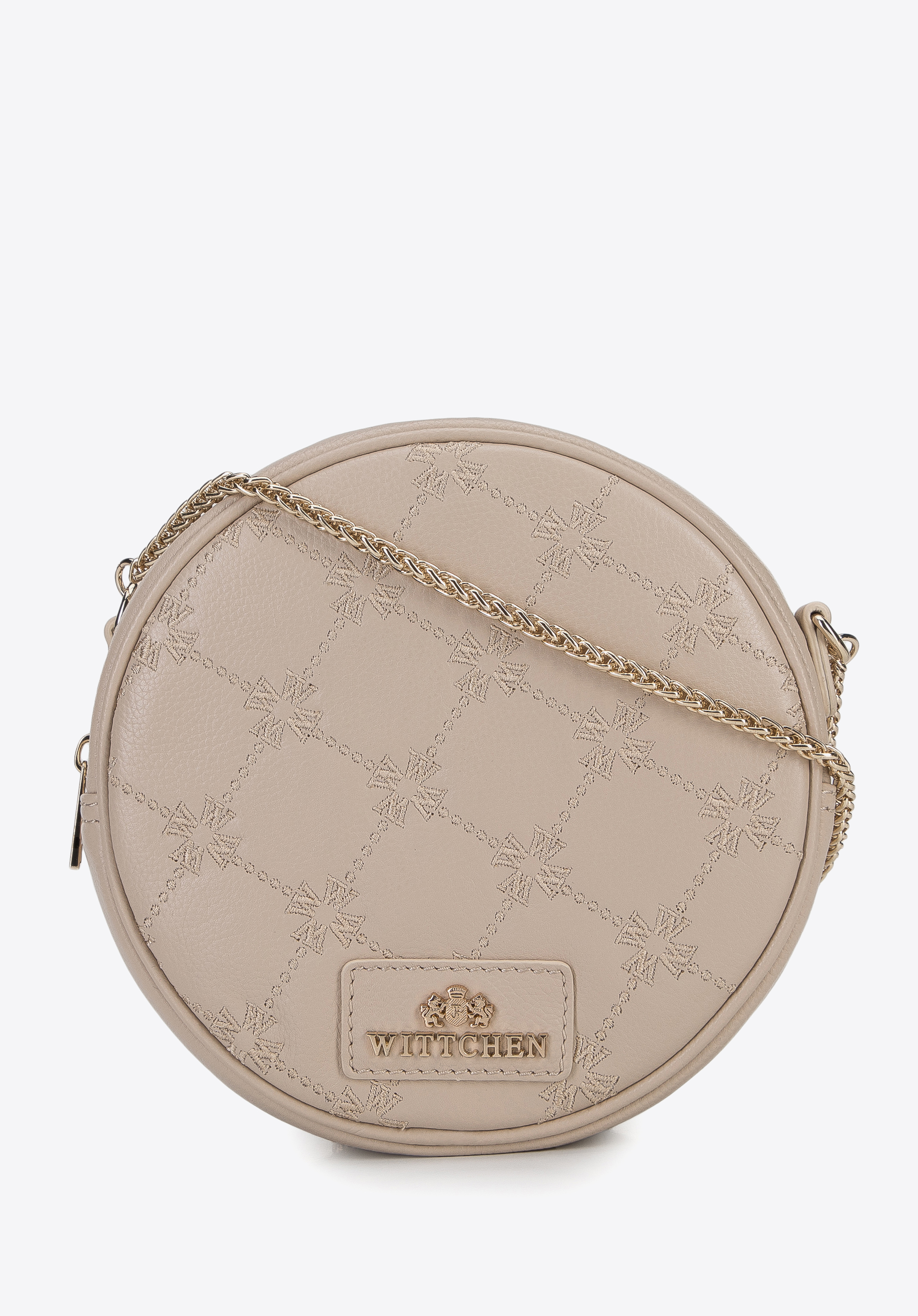 Runde Damentasche aus Leder mit gesticktem Monogramm, beige, 96-4E-016-9, Bild 1