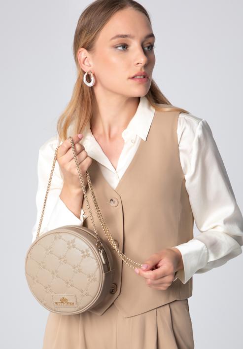 Runde Damentasche aus Leder mit gesticktem Monogramm, beige, 96-4E-016-P, Bild 15
