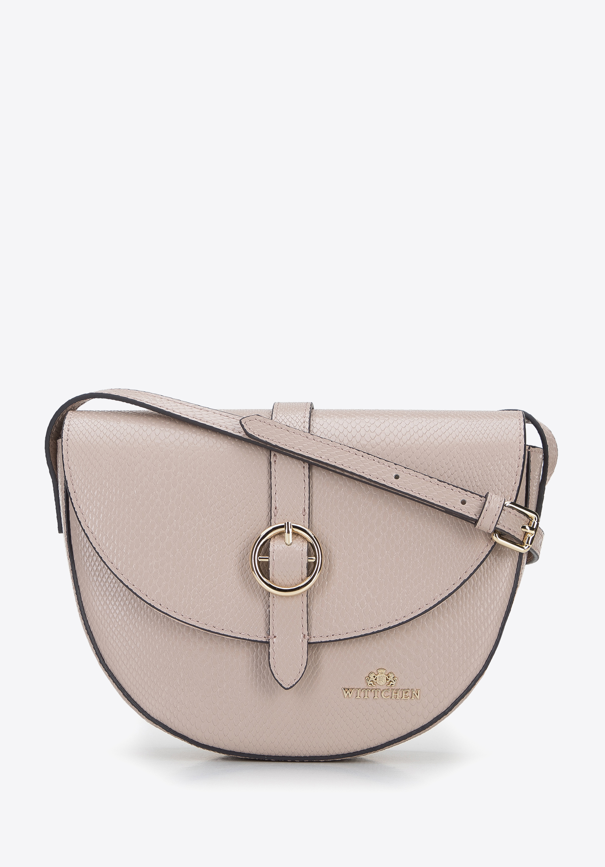 Umhängetasche für Damen aus Leder mit runder Schnalle, beige, 96-4E-635-9, Bild 1