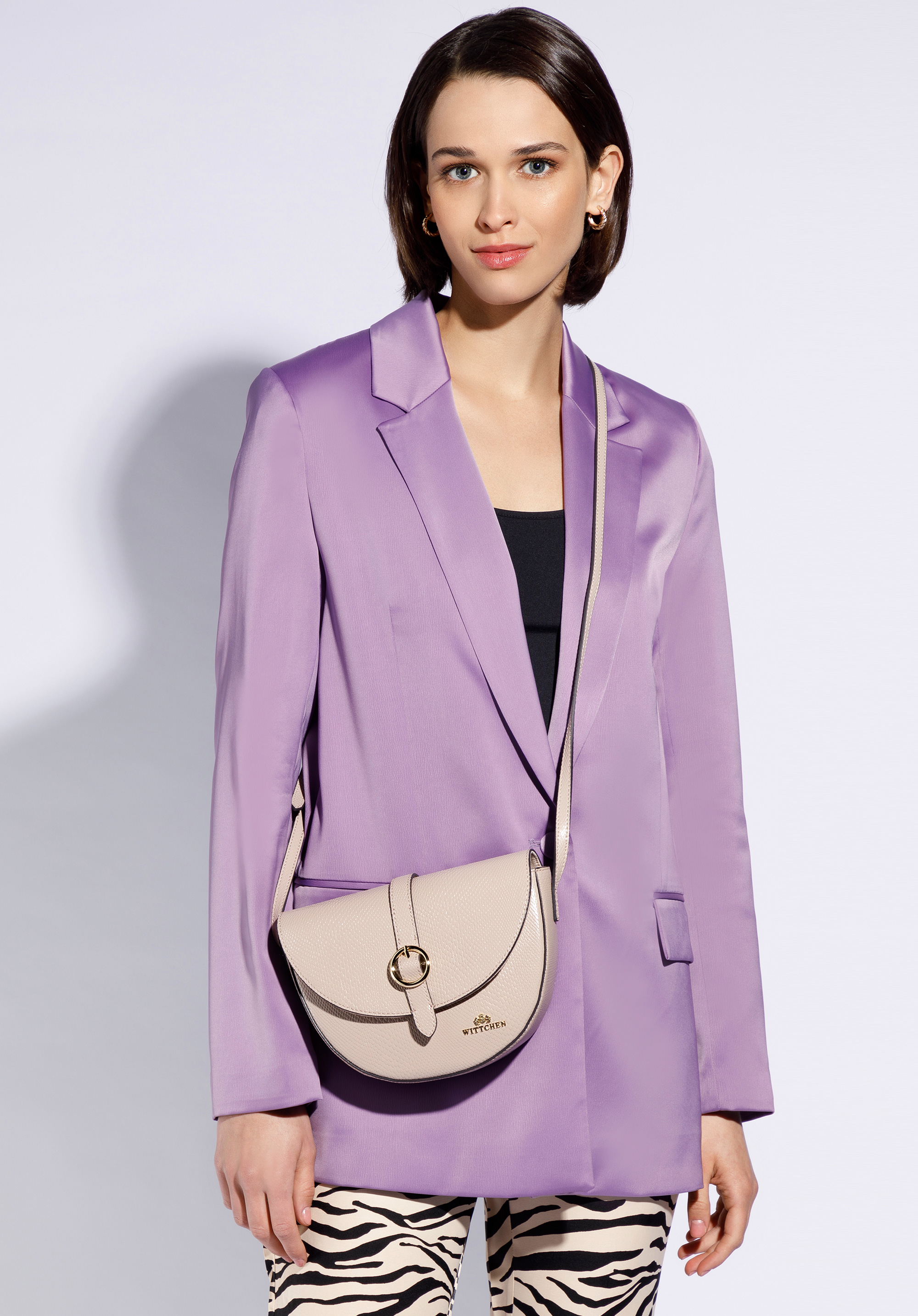 Umhängetasche für Damen aus Leder mit runder Schnalle, beige, 96-4E-635-9, Bild 1