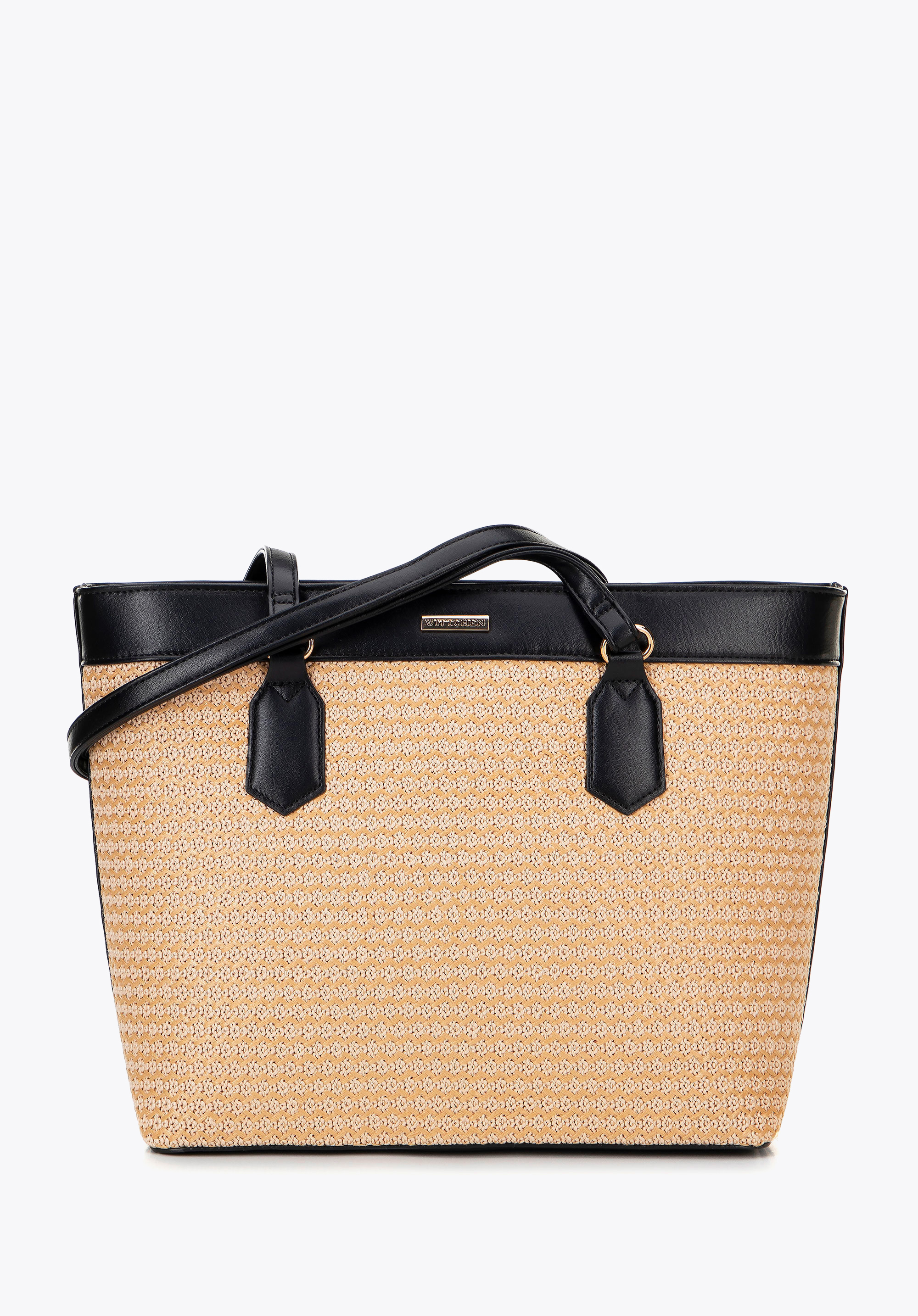 Shopper-Tasche aus Öko-Leder, beige-schwarz, 100-4Y-408-91, Bild 1