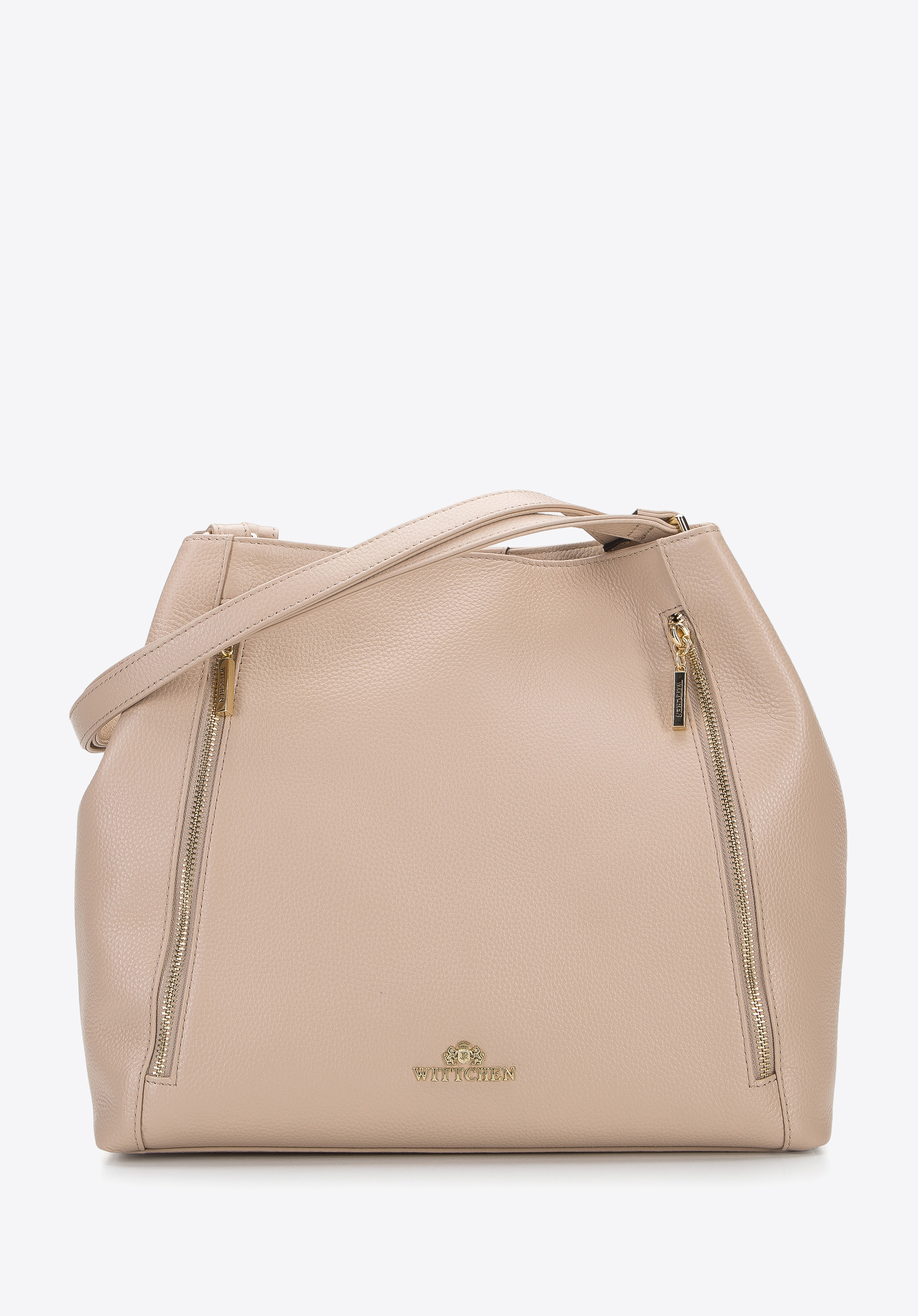 Shopper-Tasche aus Leder mit vertikalen Reißverschlüssen, beige, 96-4E-625-9, Bild 1