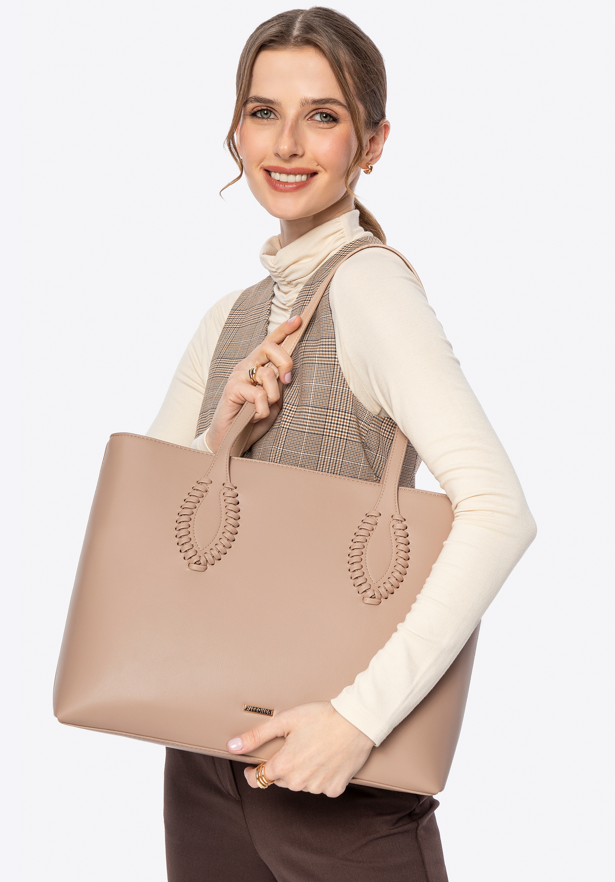 Shopper-Tasche aus Kunstleder für Damen, beige, 100-4Y-234-9, Bild 1