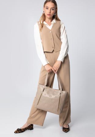 Shopper-Tasche aus Leder mit Monogramm und vertikalen Reißverschlüssen, beige, 96-4E-002-9, Bild 1