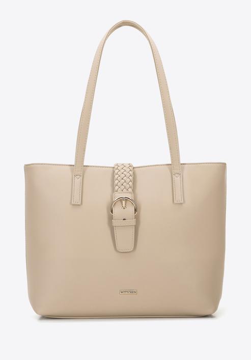 Shopper-Tasche aus Öko-Leder mit geflochtenem Gürtel, beige, 96-4Y-608-0, Bild 2