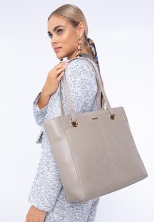 Shopper-Tasche aus Öko-Leder mit großer Vordertasche, beige, 97-4Y-534-9, Bild 1