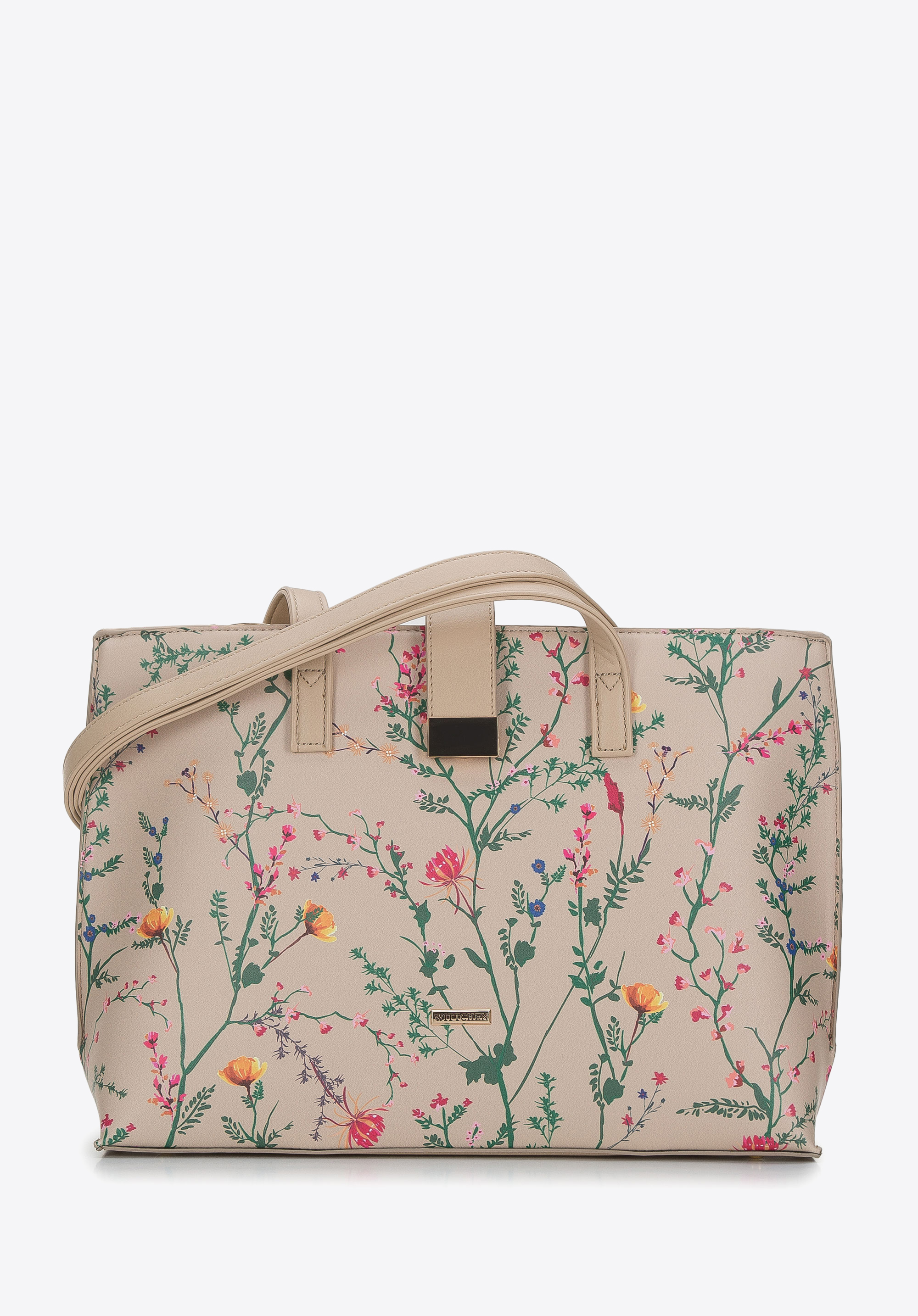 Shopper-Tasche aus Ökoleder mit Blumenmuster, beige, 94-4Y-635-9, Bild 1