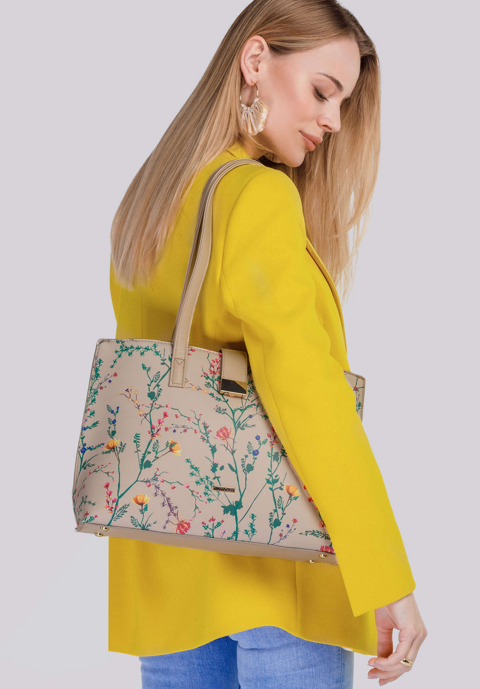 Shopper-Tasche aus Ökoleder mit Blumenmuster, beige, 94-4Y-635-9, Bild 1