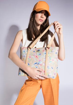 Shopper-Tasche aus Ökoleder mit Blumenmuster und vertikalen Streifen, beige, 96-4Y-201-9, Bild 1